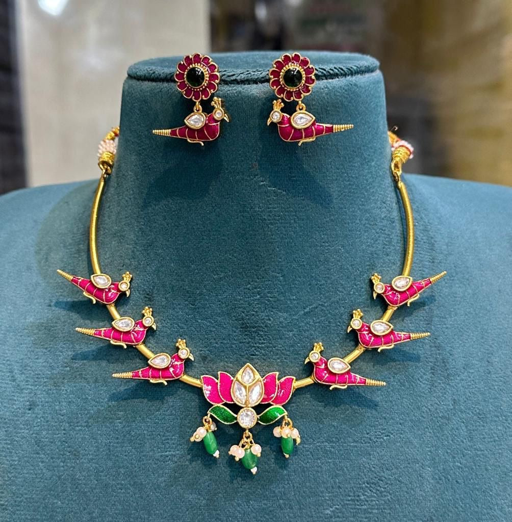 Kundan parrot kante style neckset with earrings ns0005