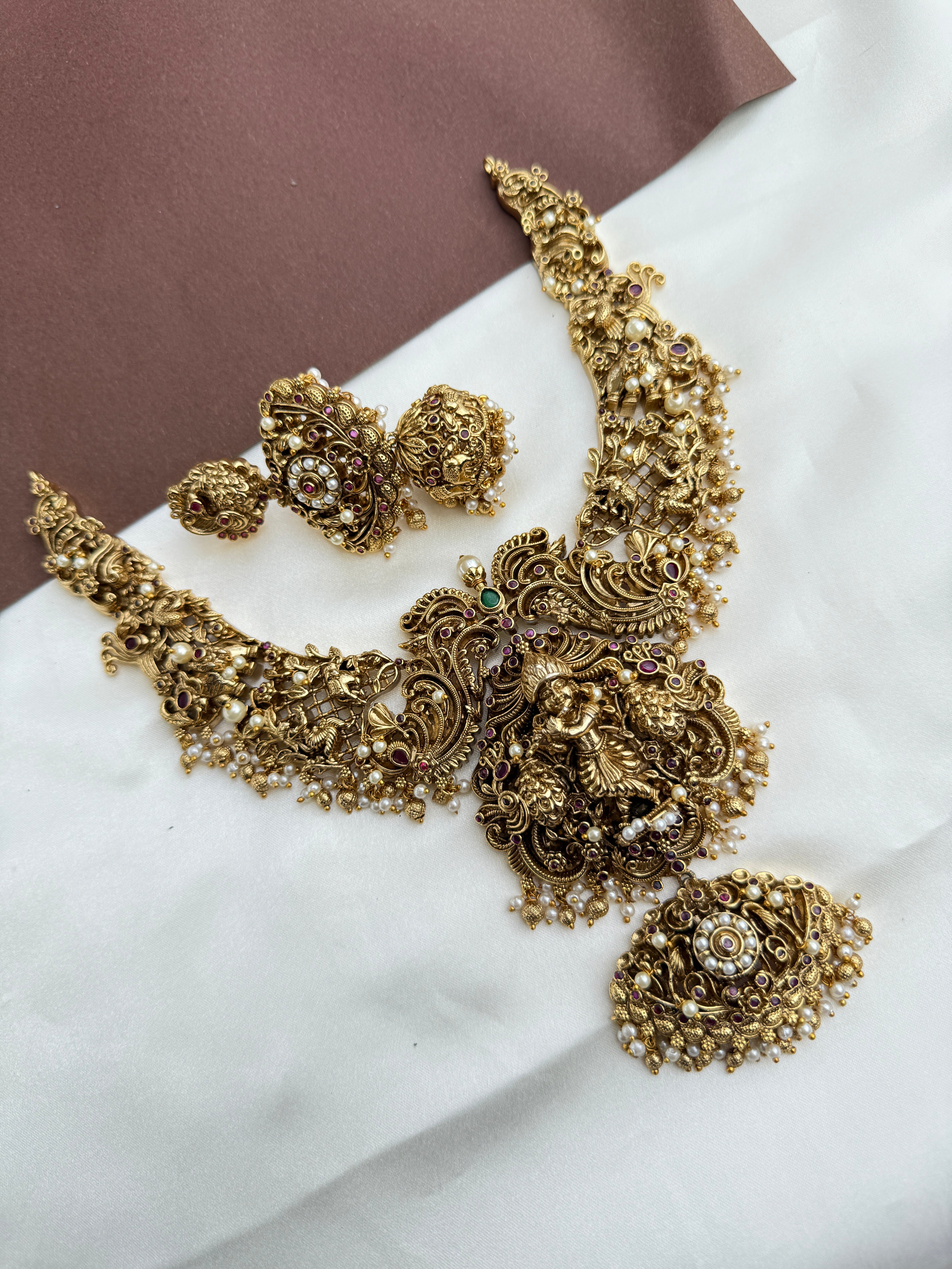 Ns359 beautiful lord Krishna heavy 3D nakshi 3/4th Neckset