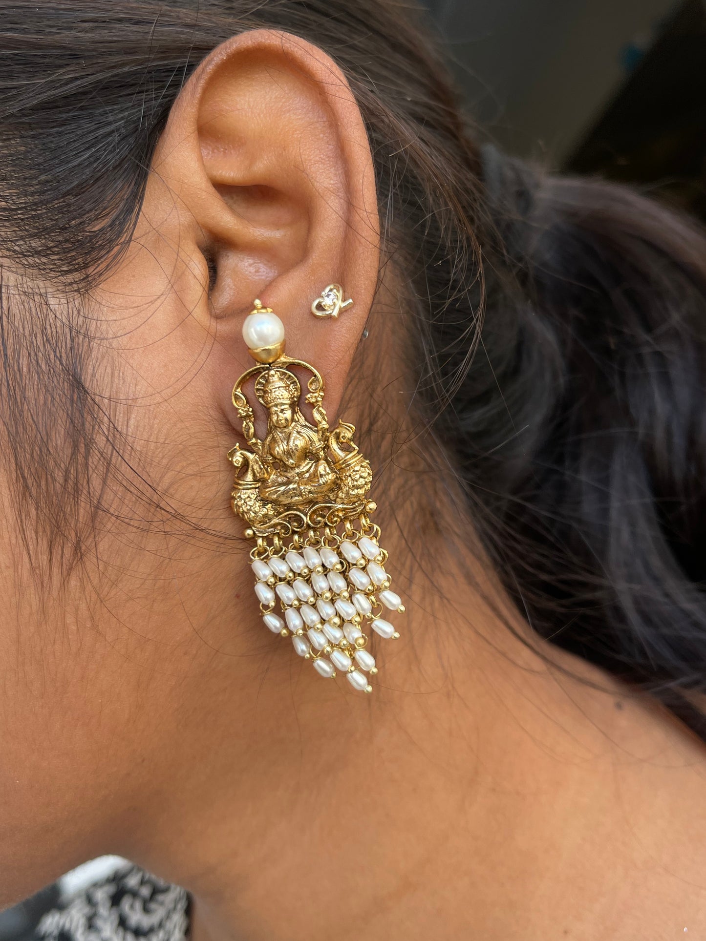 Lakshmidevi Antique Chandbali Earrings with Rice Pearls