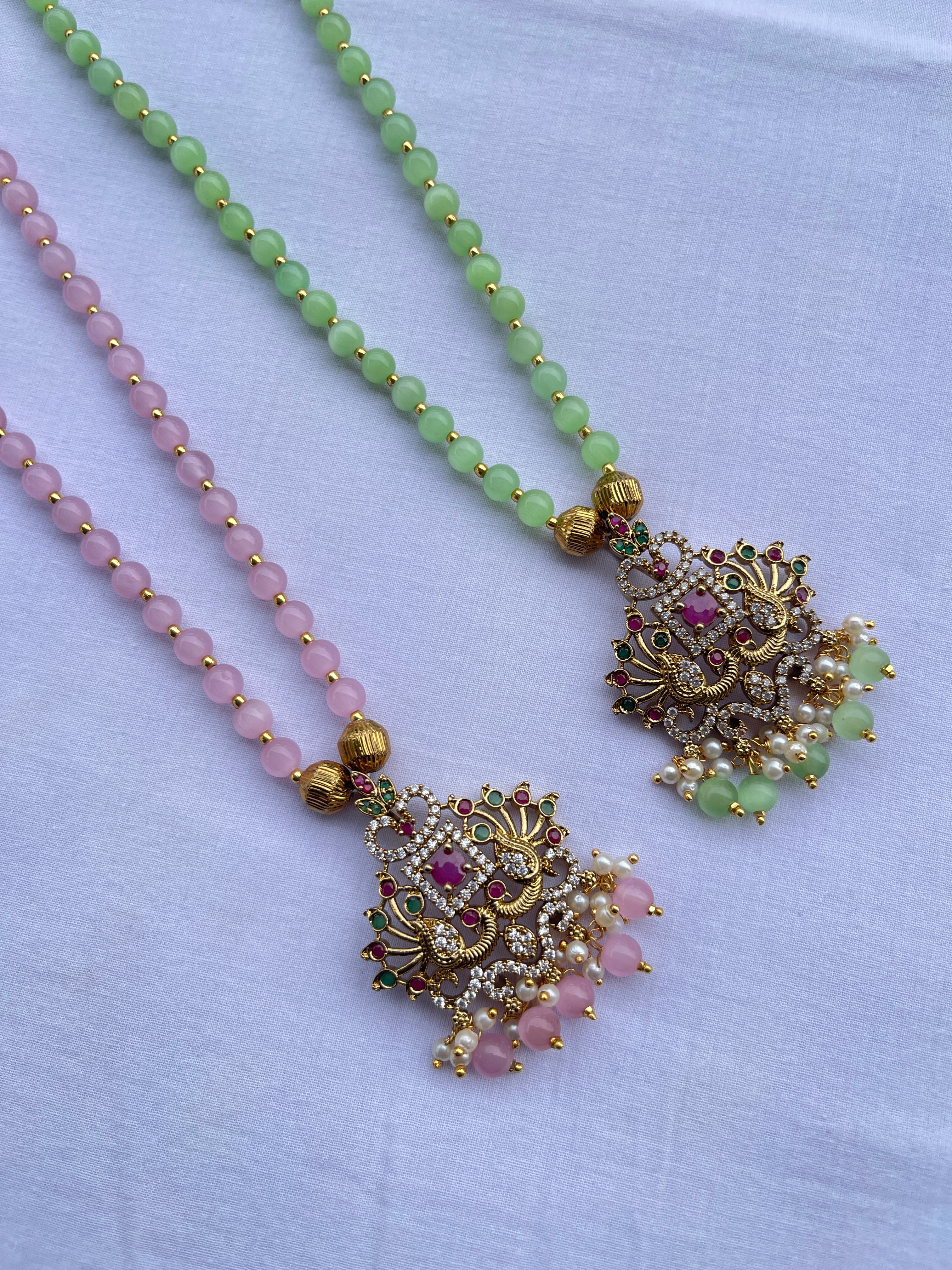 Multi peacock pendant single line beads chain in light green and light pink
