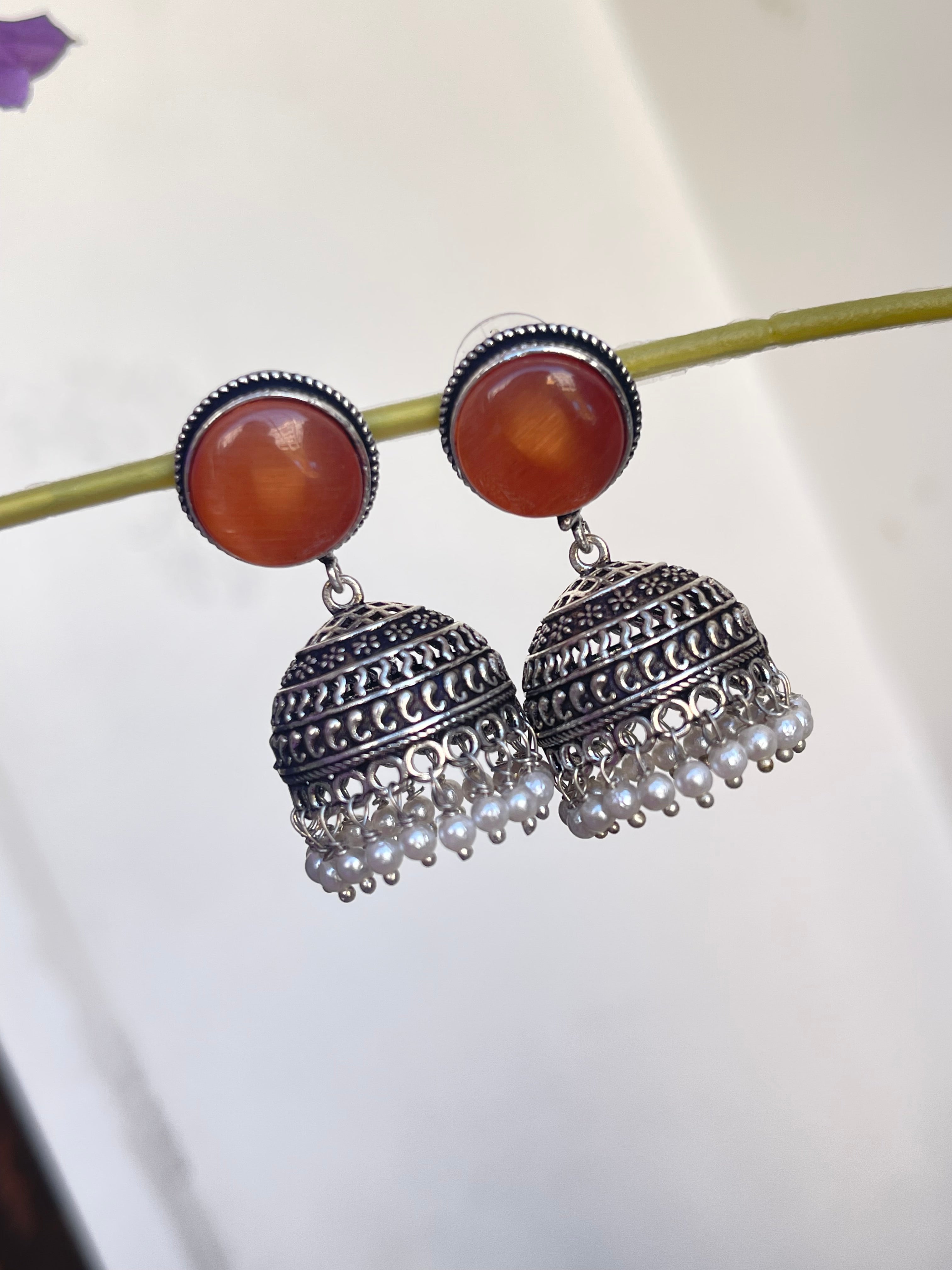 Lightweight oxidised butta earrings in orange and yellow