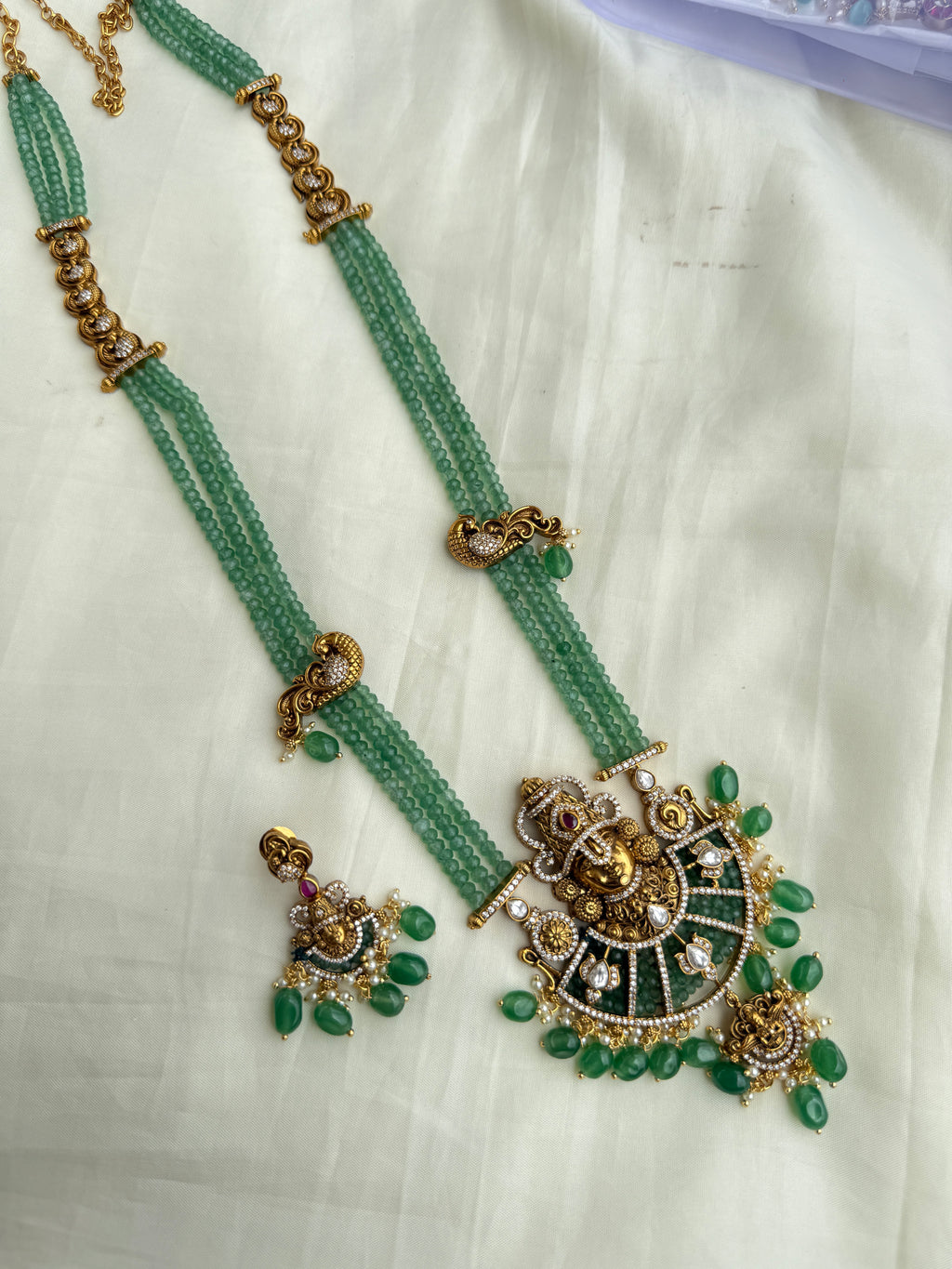 Lh2022 3 lines long beads with lord Venkateswara Swamy pendant and earrings