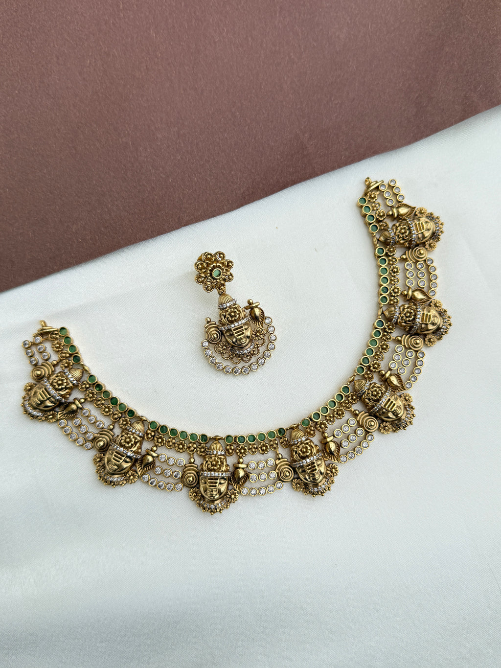 NS348 Lord Venkateshwara Neckset with earrings in green stones
