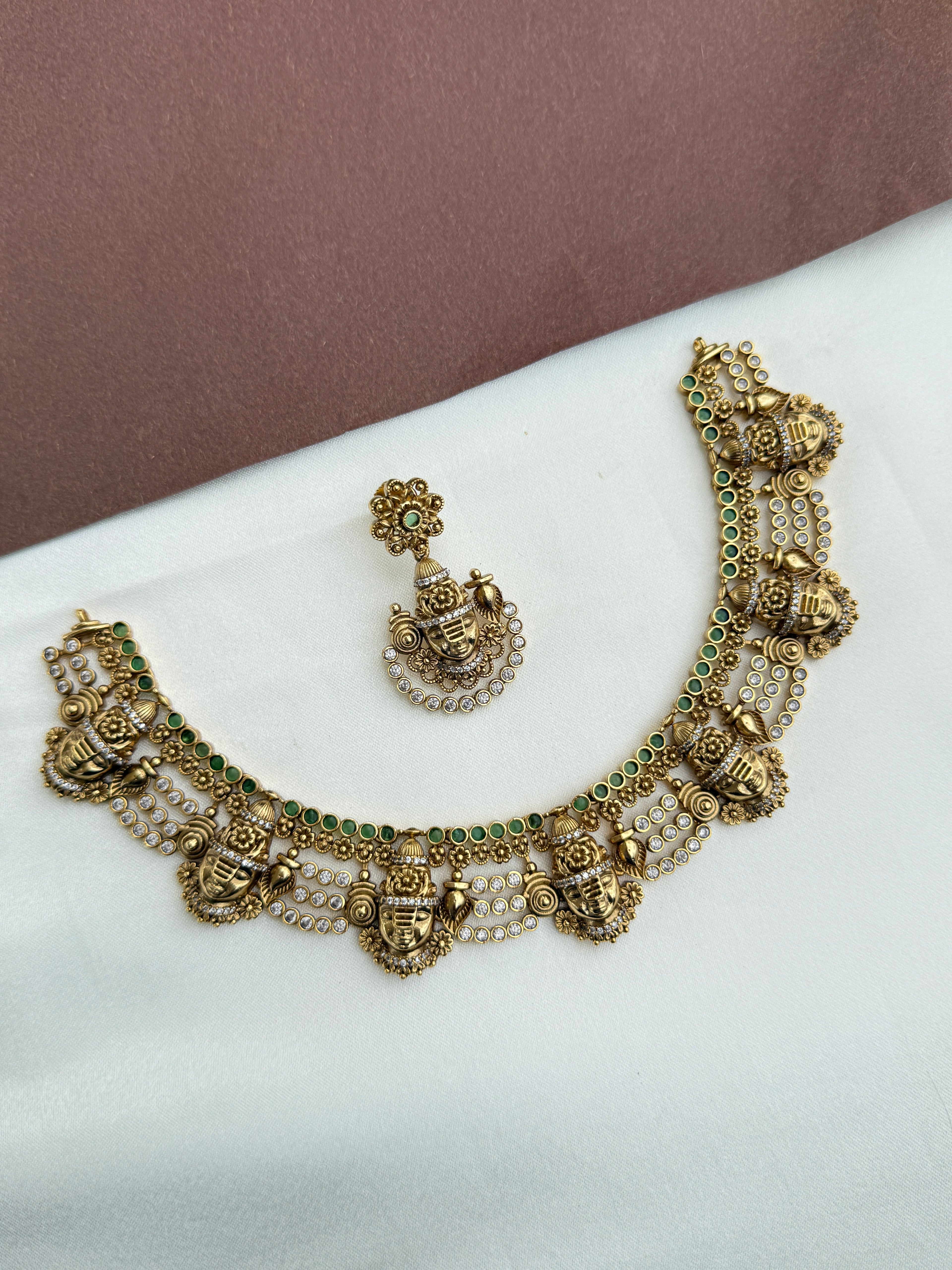 NS348 Lord Venkateshwara Neckset with earrings in green stones