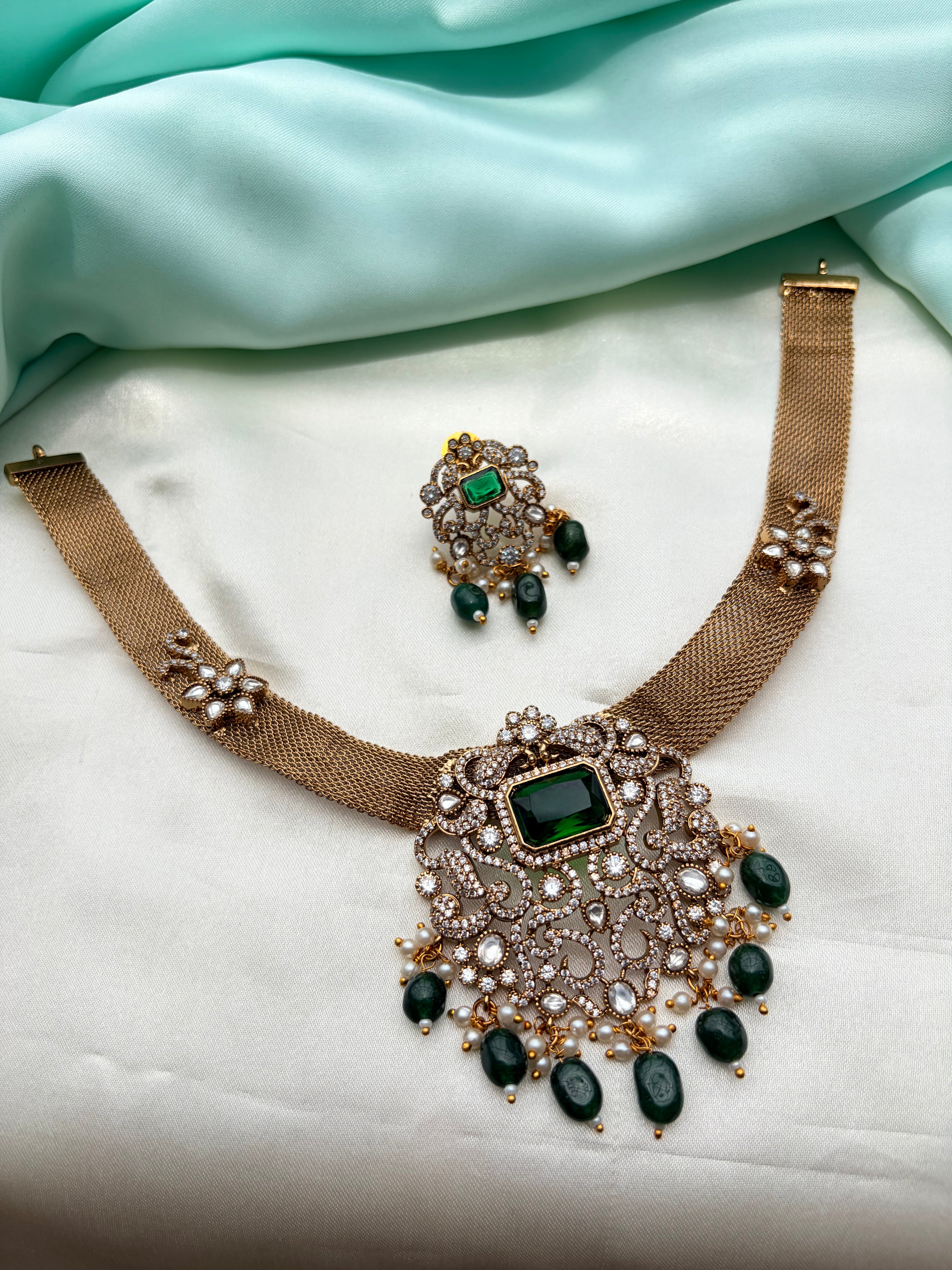 Ns959 stones green pendant green beads nano thread short neckset with earrings
