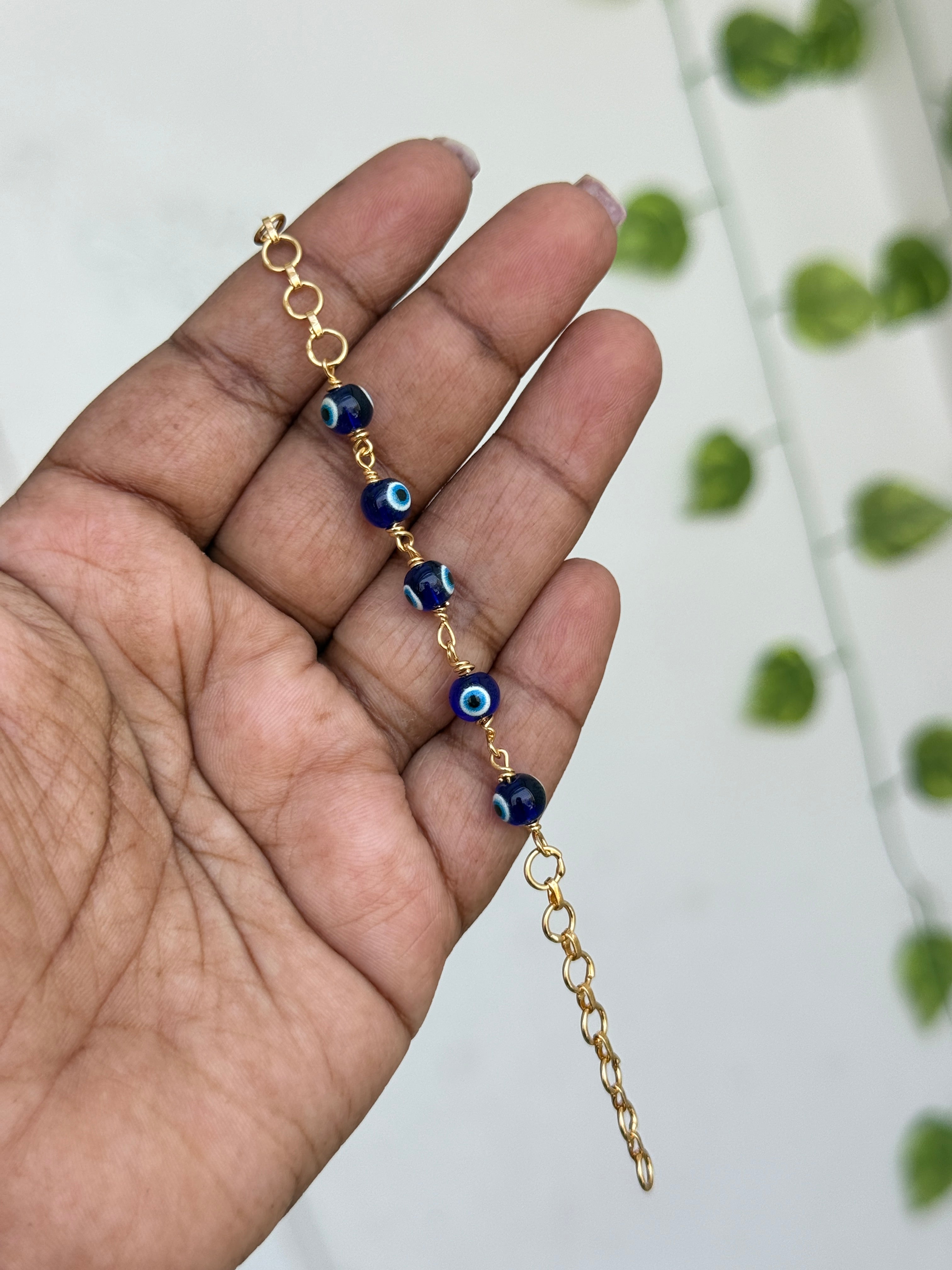 Ph147 panchaloham polished 5 evileye 7.5inches adjustable chains bracelet