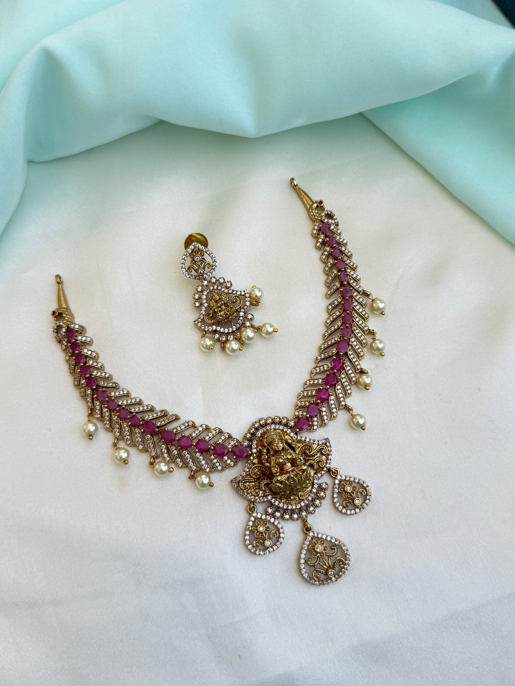 Ruby Stone Guttapusalu NeckSet Pearl Drops Lakshmi Devi pendantwith earrings ns306