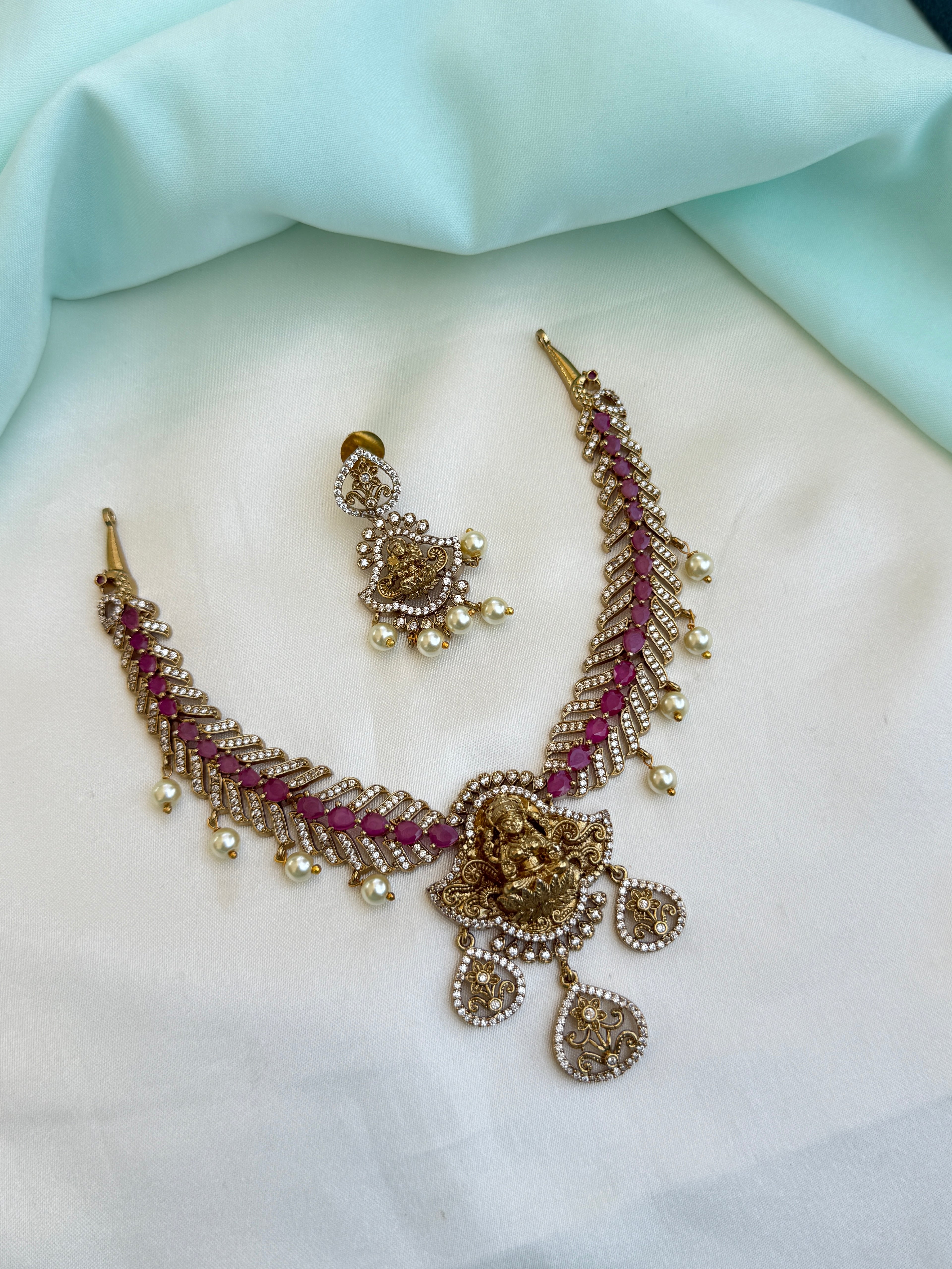 Ruby Stone Guttapusalu NeckSet Pearl Drops Lakshmi Devi pendantwith earrings ns306