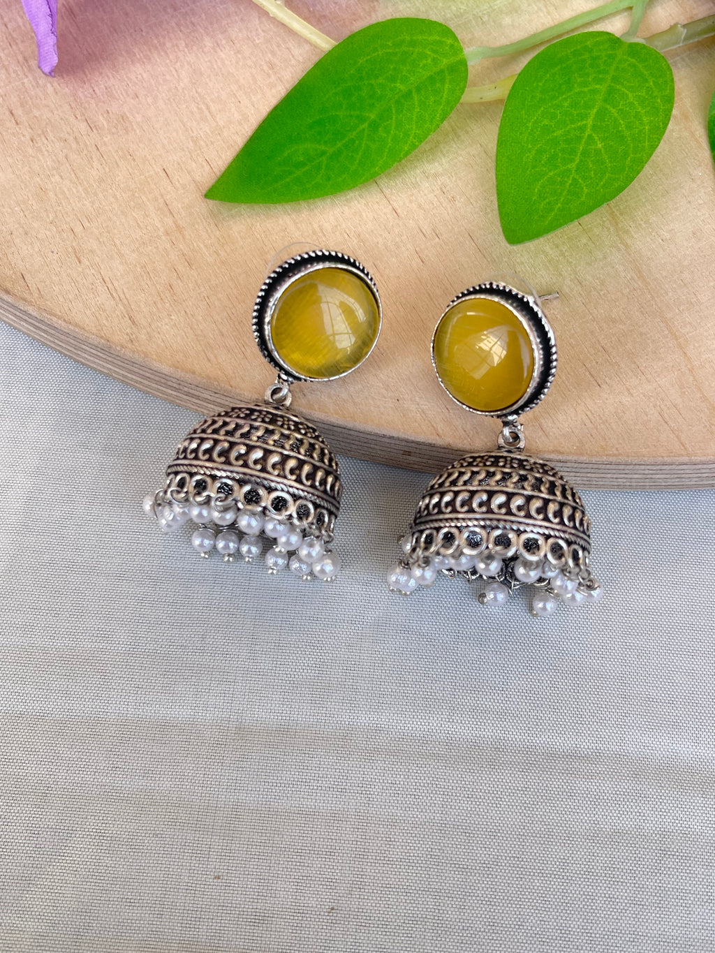 Lightweight oxidised butta earrings in orange and yellow