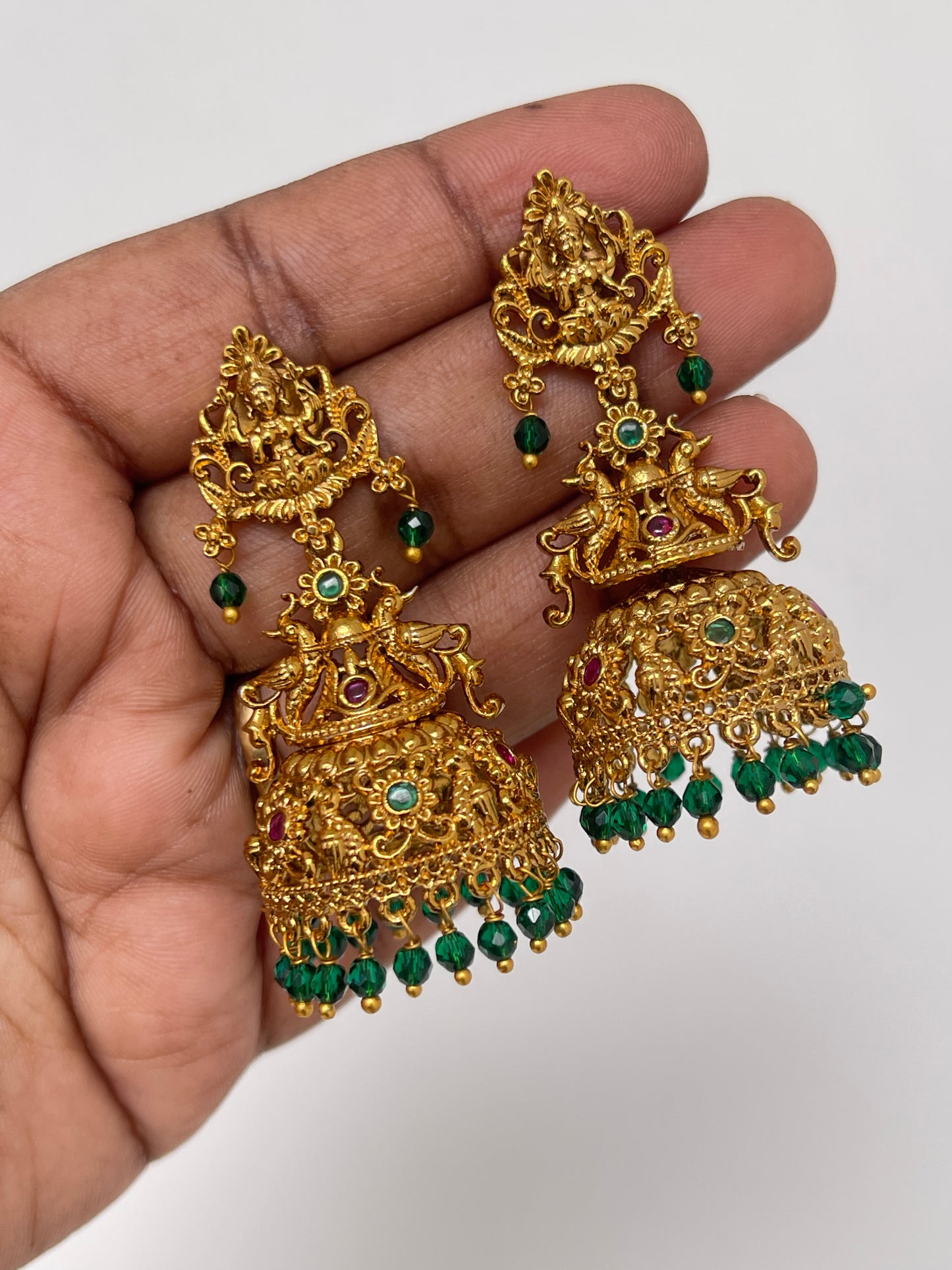 Lakshmi Devi green pink beads earrings