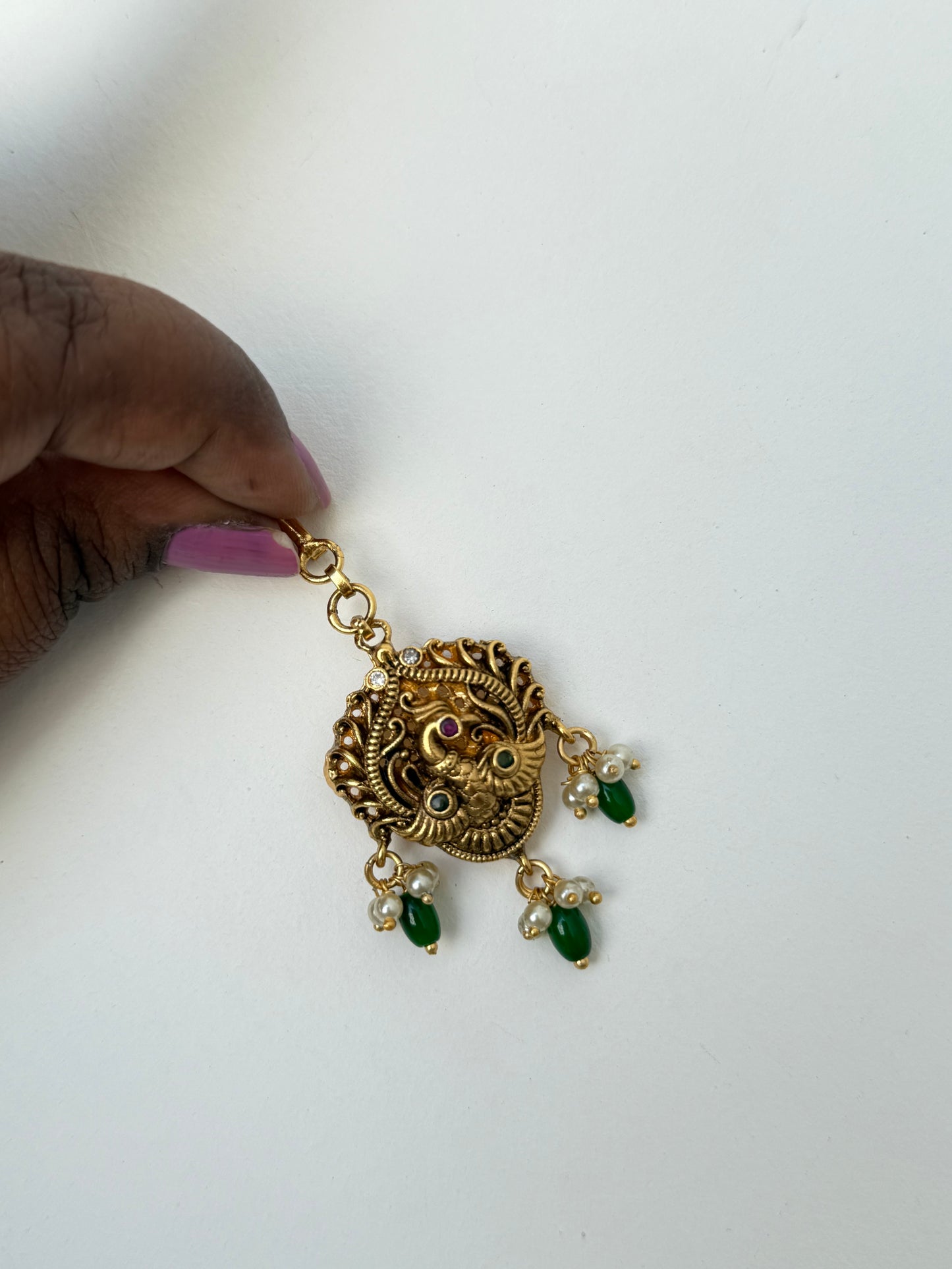 Nakshi peacock tikka with gold and green beads tk0041 tk513