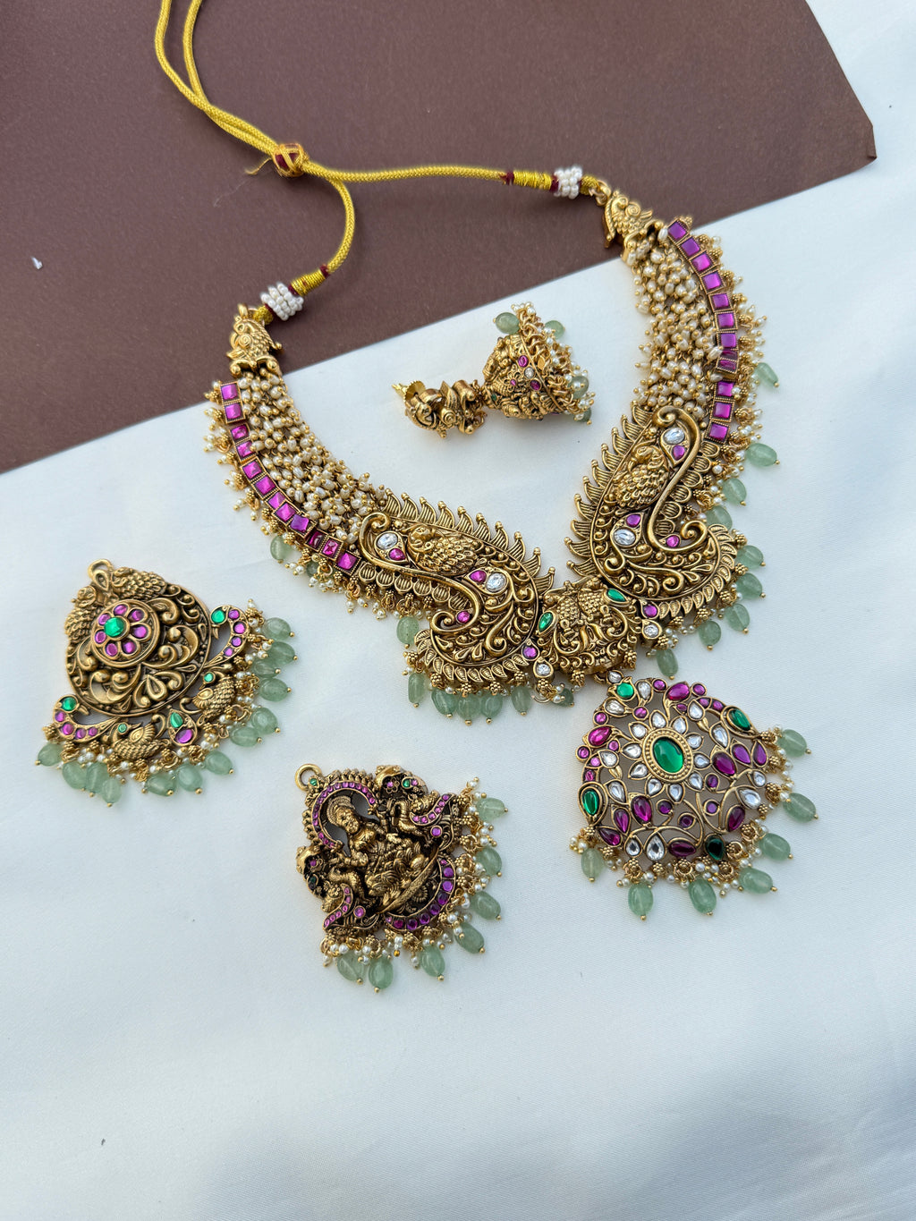 Ns601 3-in-1 jadau kundan Nakshi Neckset with ricepearls