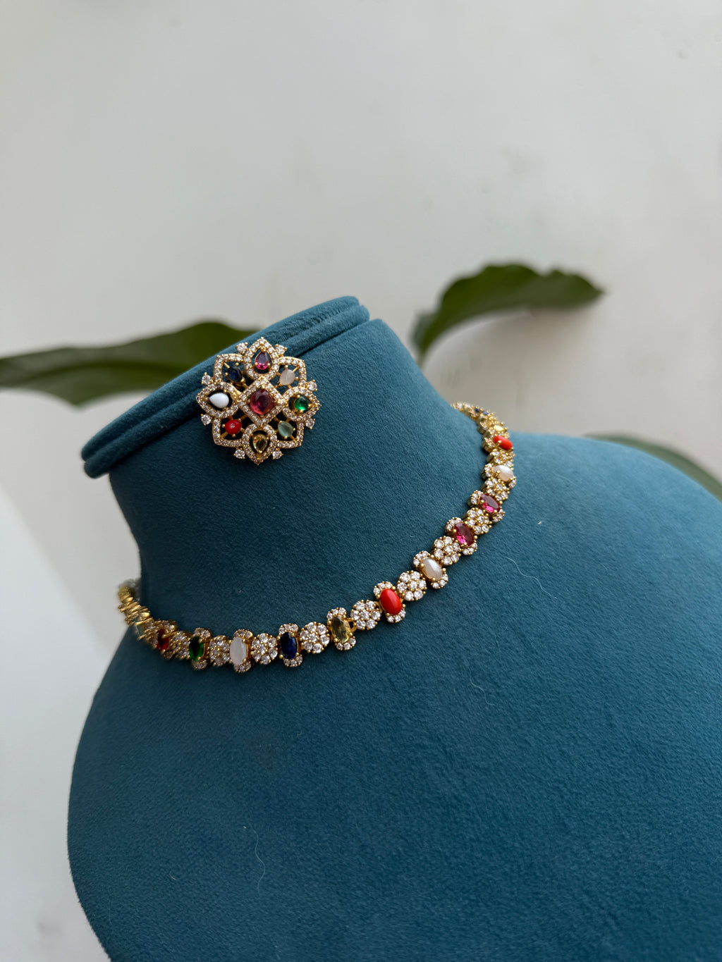 NS433 Multi navaratan chocker neckset with earrings