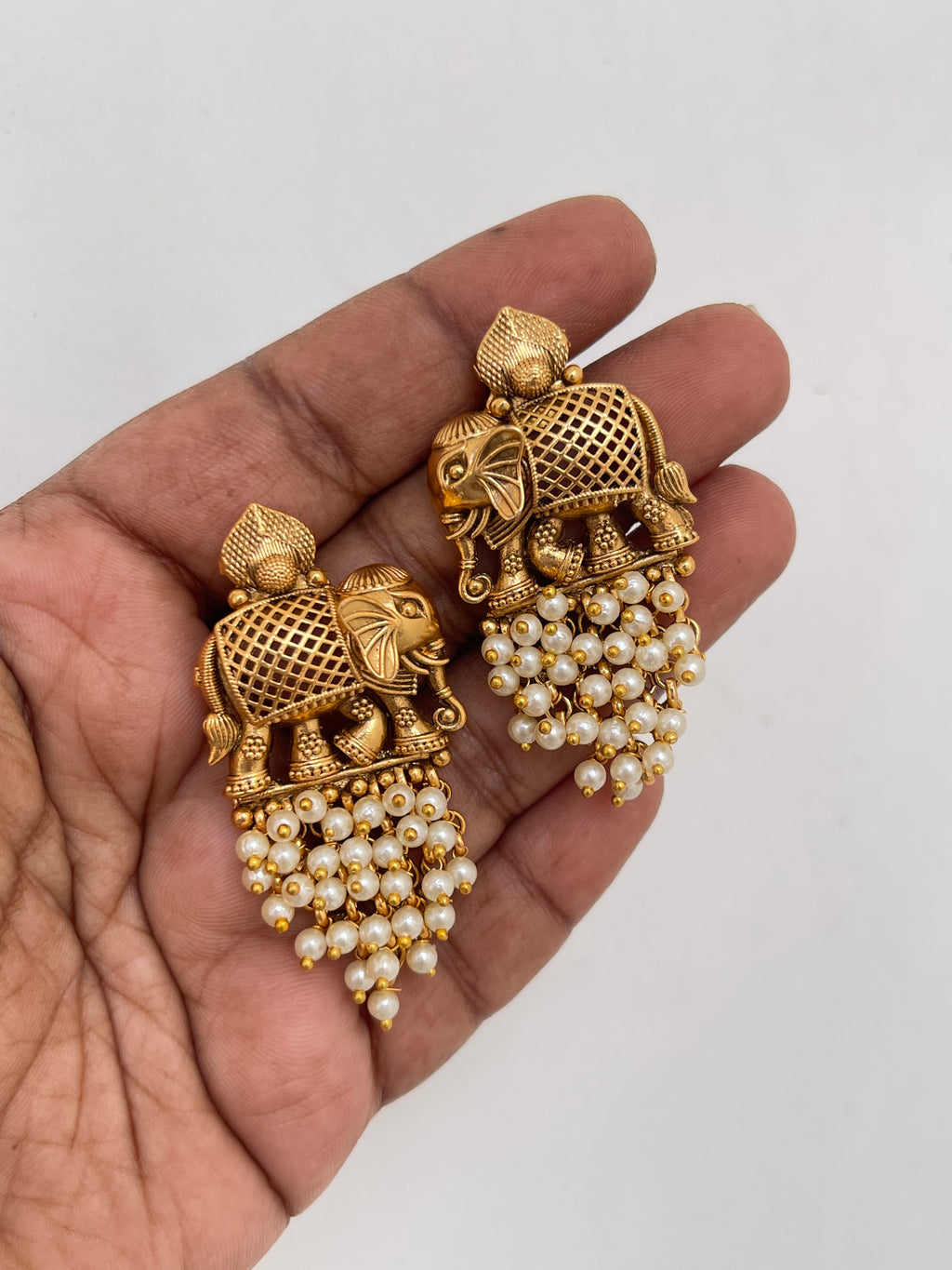 Antique finish Elephant Earrings with Pearls