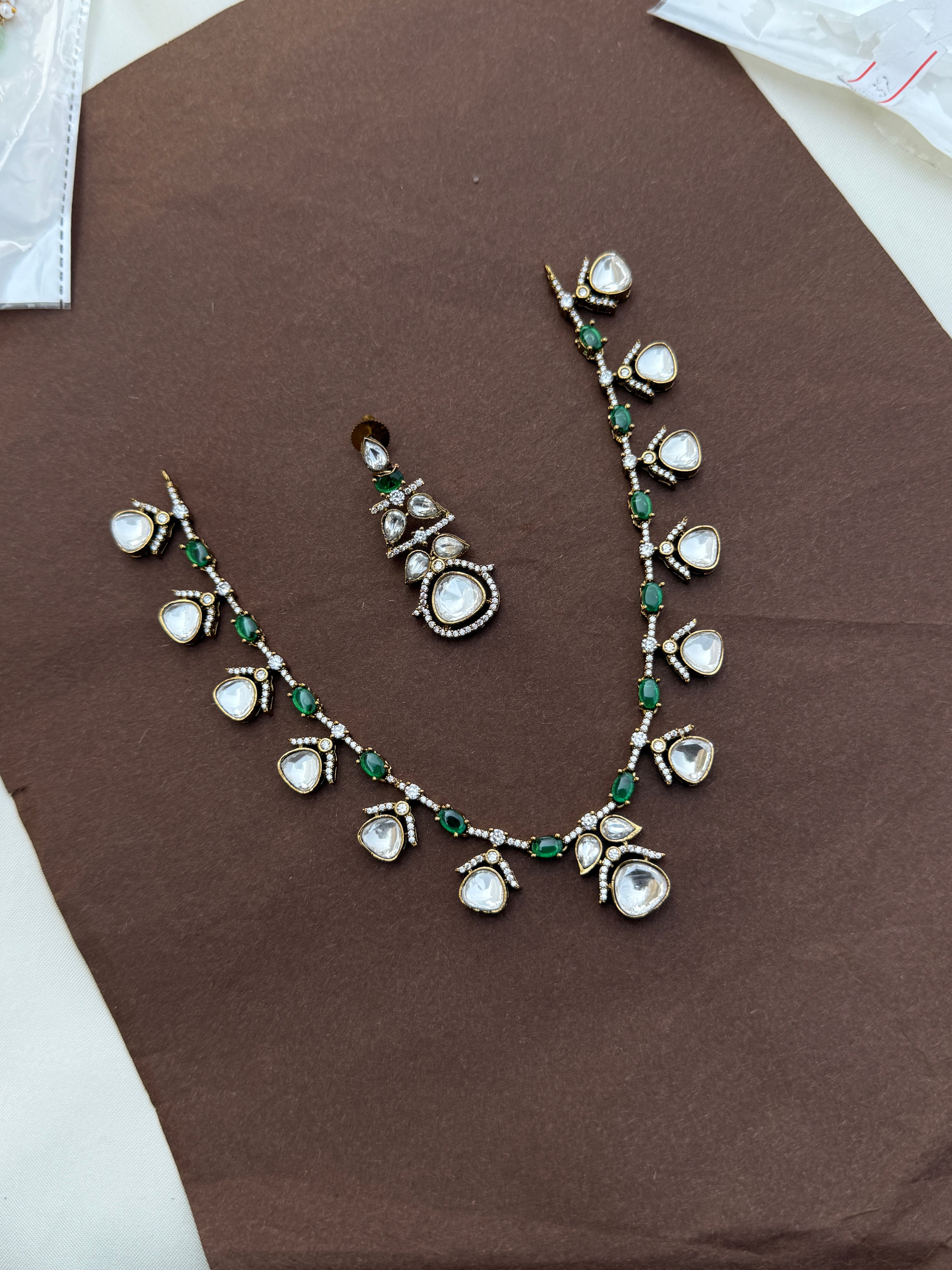 Ns712 moissanite polki kundan emerald neckset