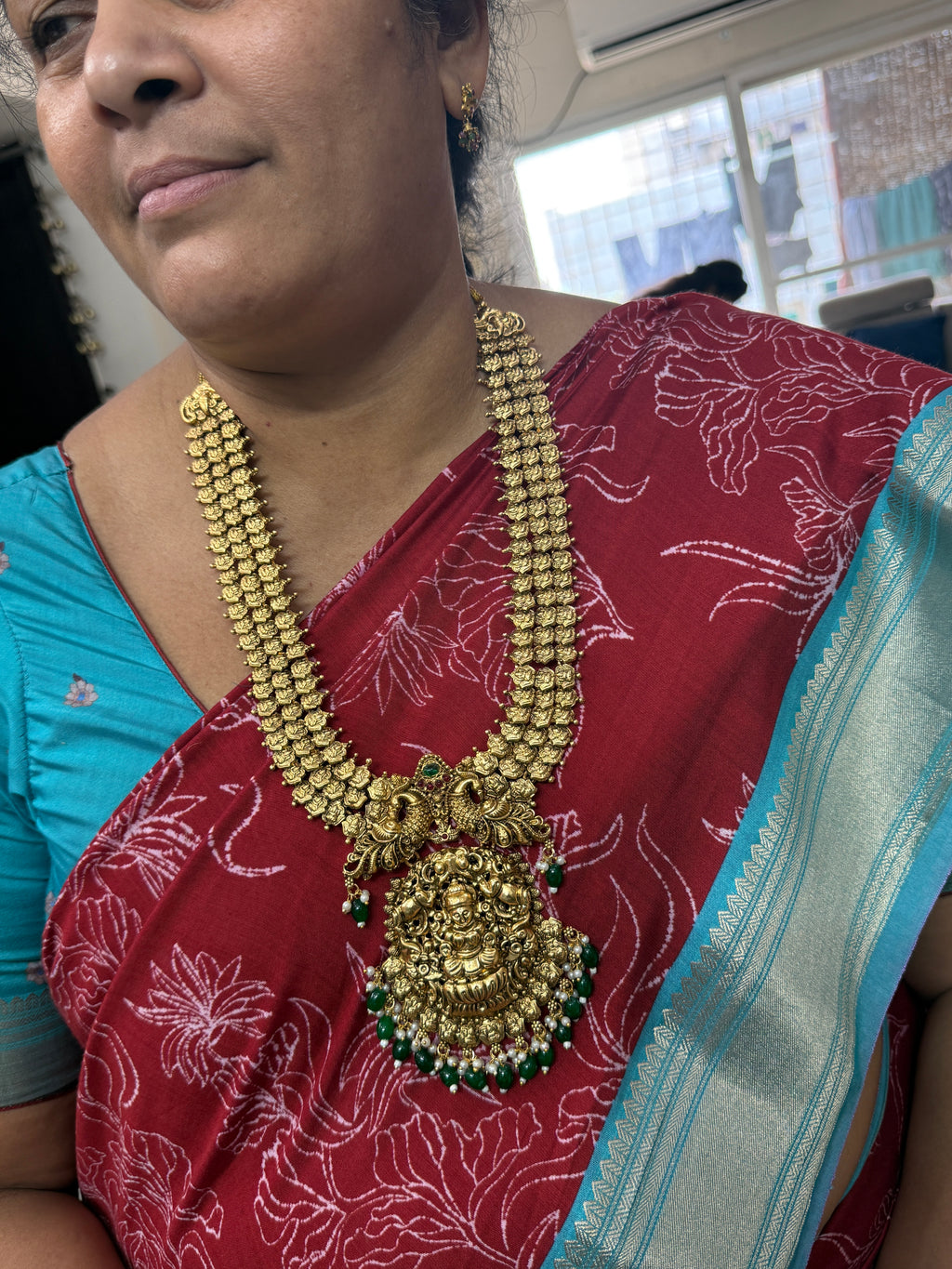Lh594 heavy lakshmidevi green beads long haram(30 gms weight )