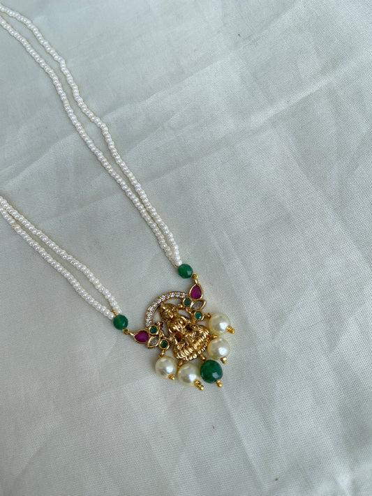 2 lines sugar pearl Lakshmi Devi pendant in ruby and green