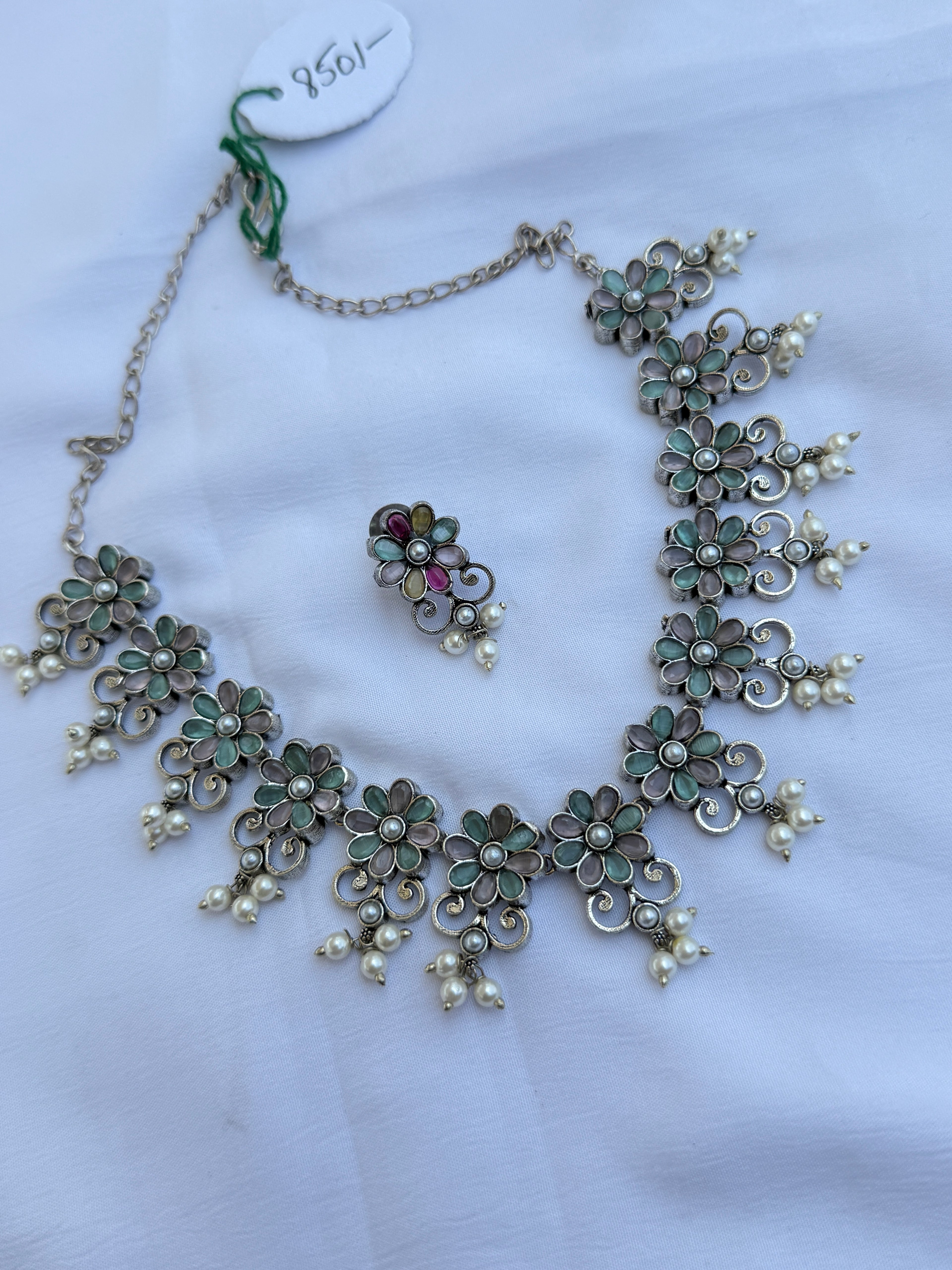 0x102  Oxidised multi pastel pearl neckset with earrings
