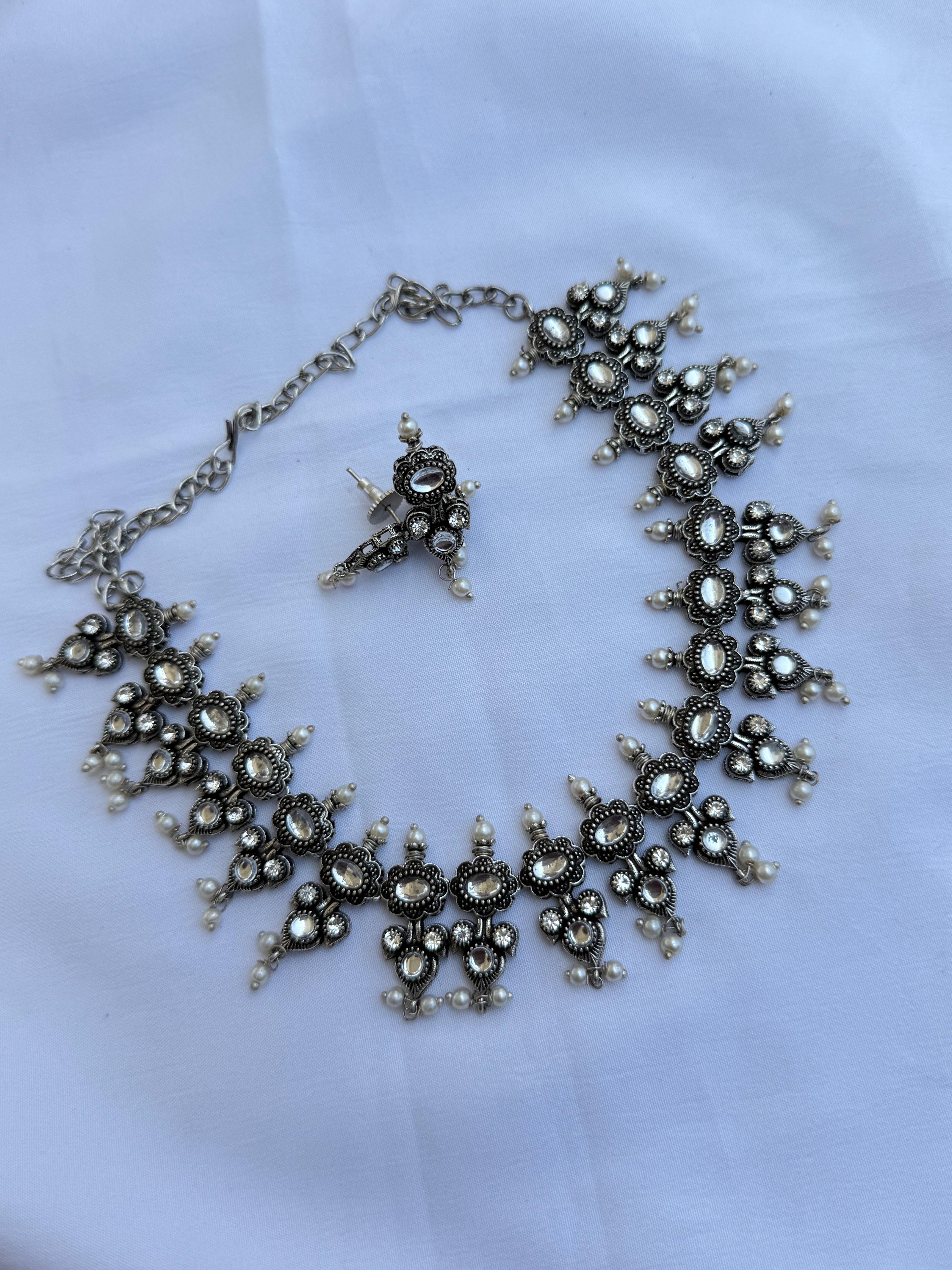 Oxidised pearl neckset with earrings ox101