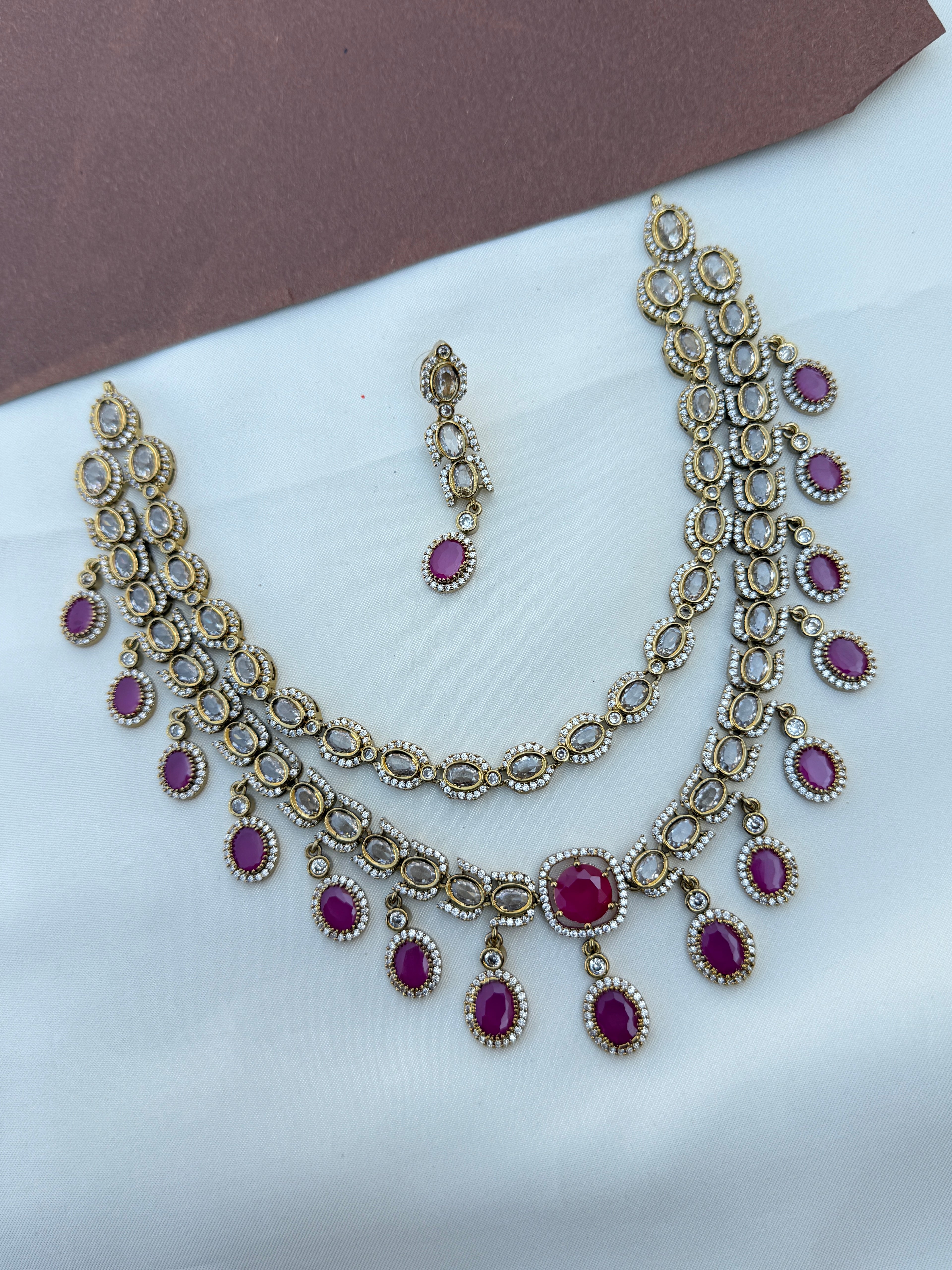 Ns396 2 layers uncuts pink stone neckset