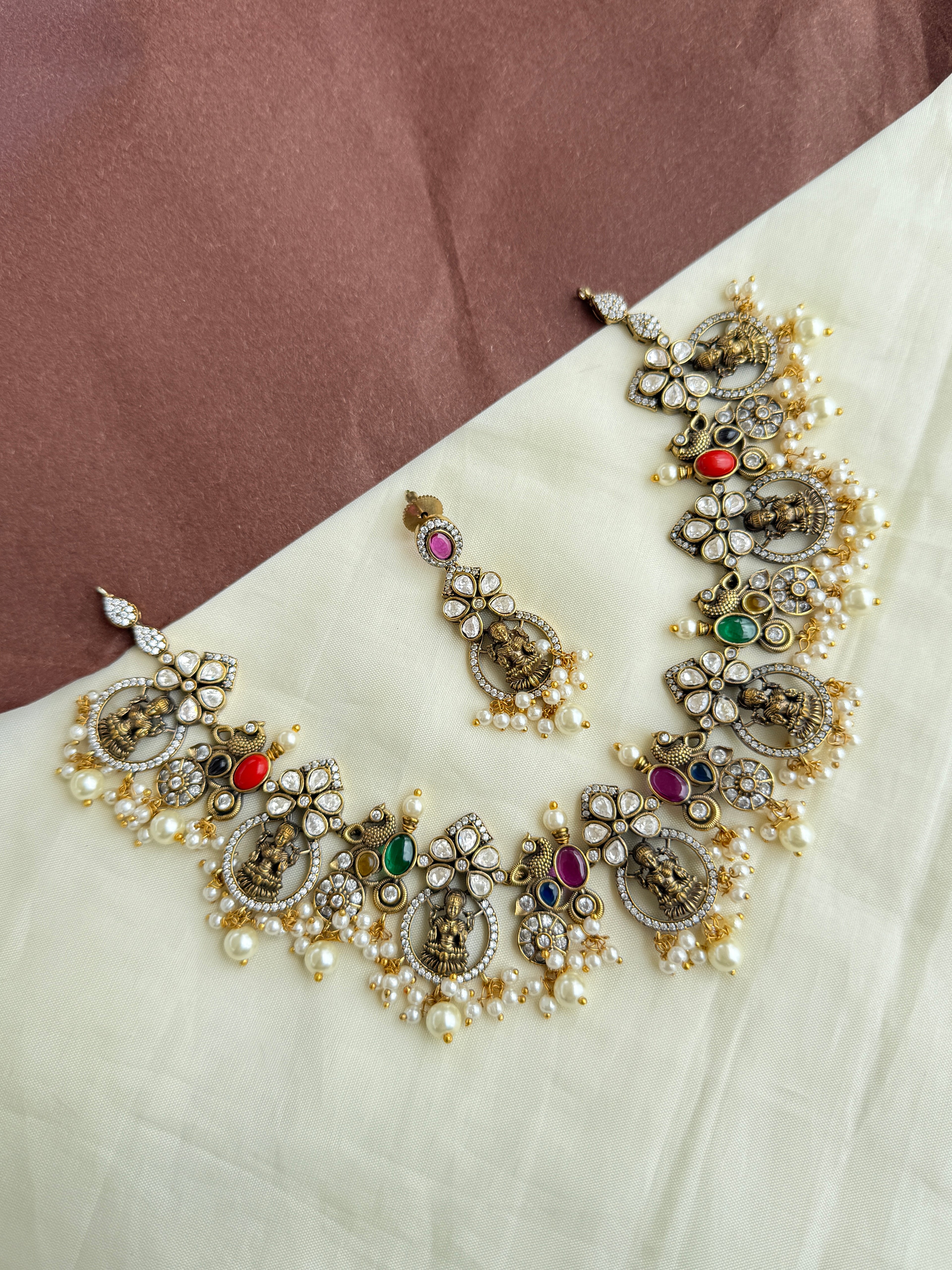 Ns281 multi moissanite Lakshmi Devi neckset with earrings