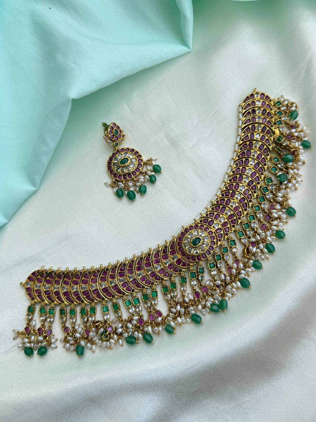 Elegant Ruby Green Kundan Neckset with Pearl Bead Drops with earrings ns213