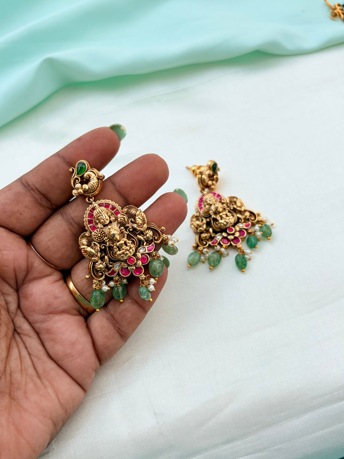 Jadau Kundan Lakshmidevi green beads back crew earrings er928