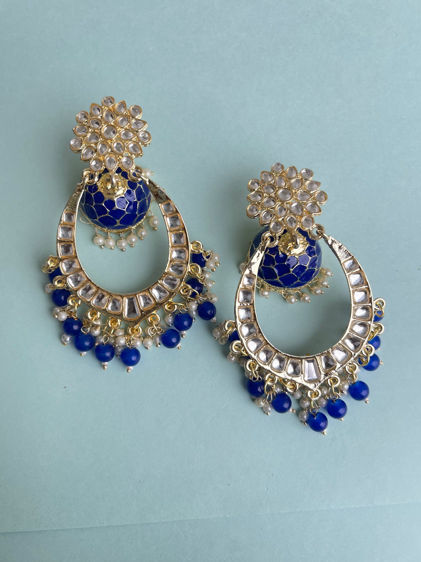 Butta chandbali  kundan earrings in blue, green