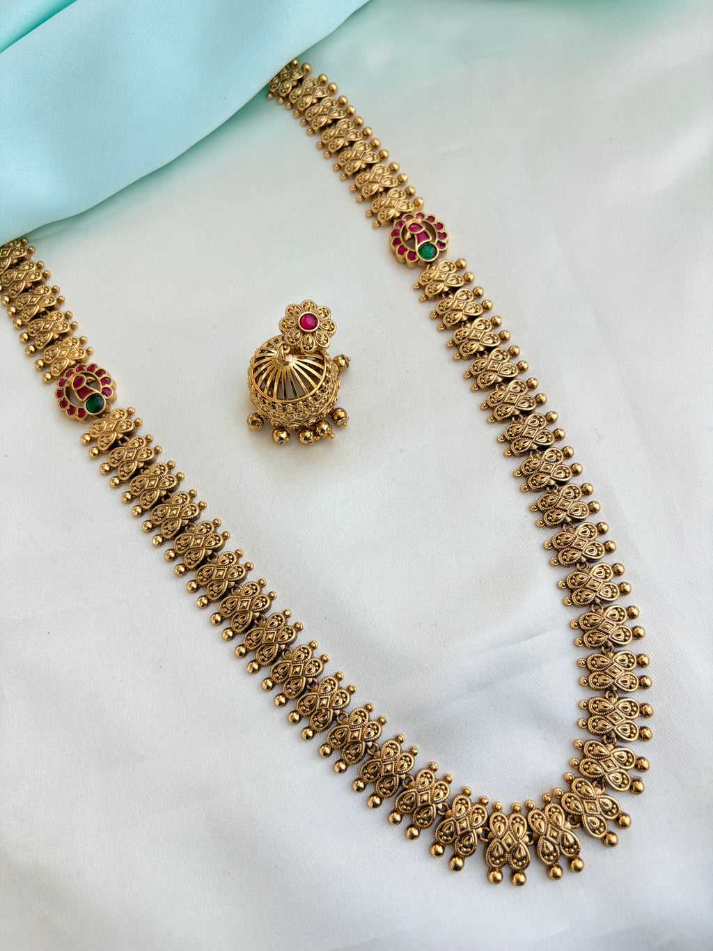 Peacock type Ruby long haram with Earrings Ns954