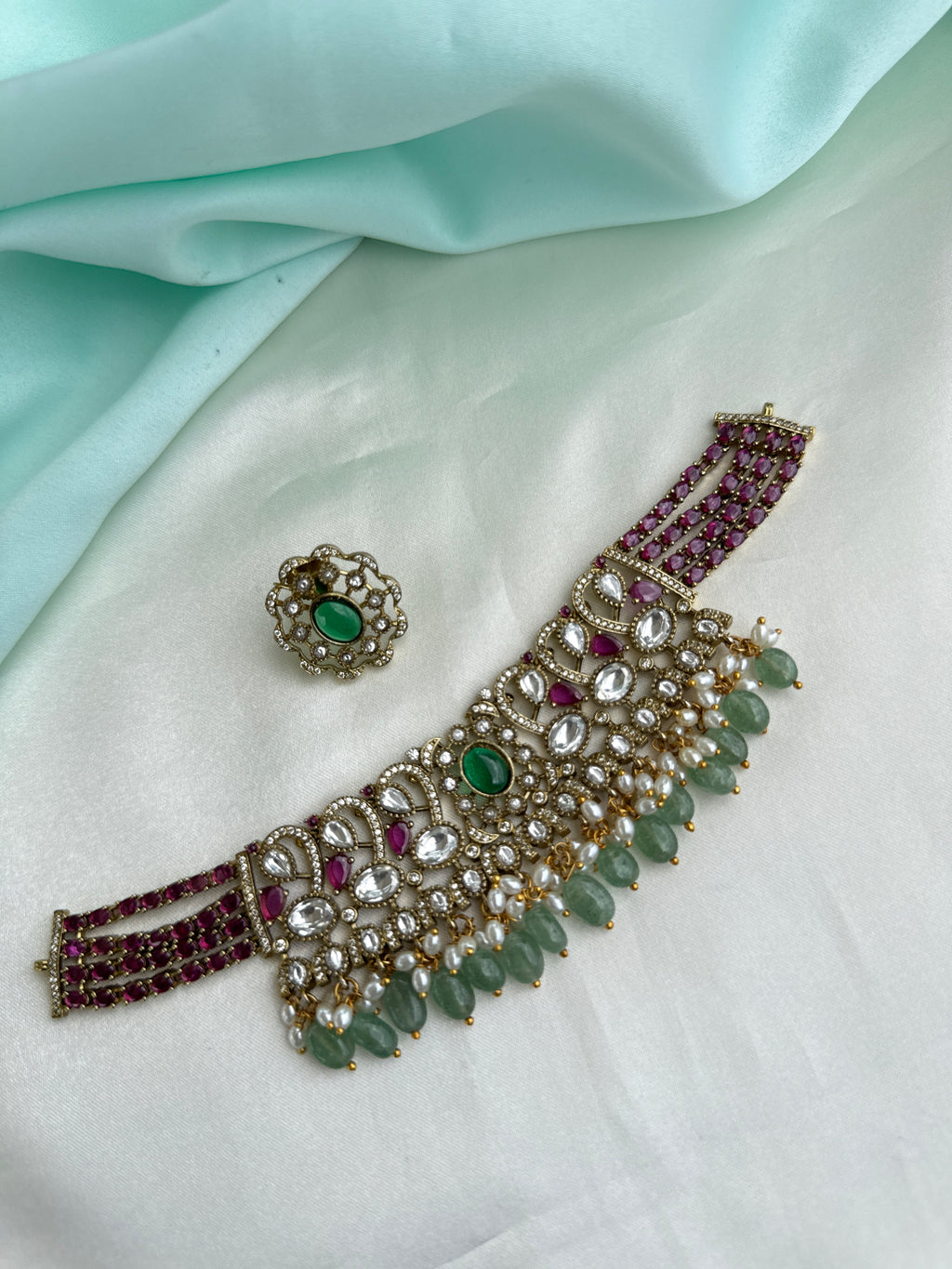 Emerald Ruby Kundan Pearl Drop Choker neckSet ns218