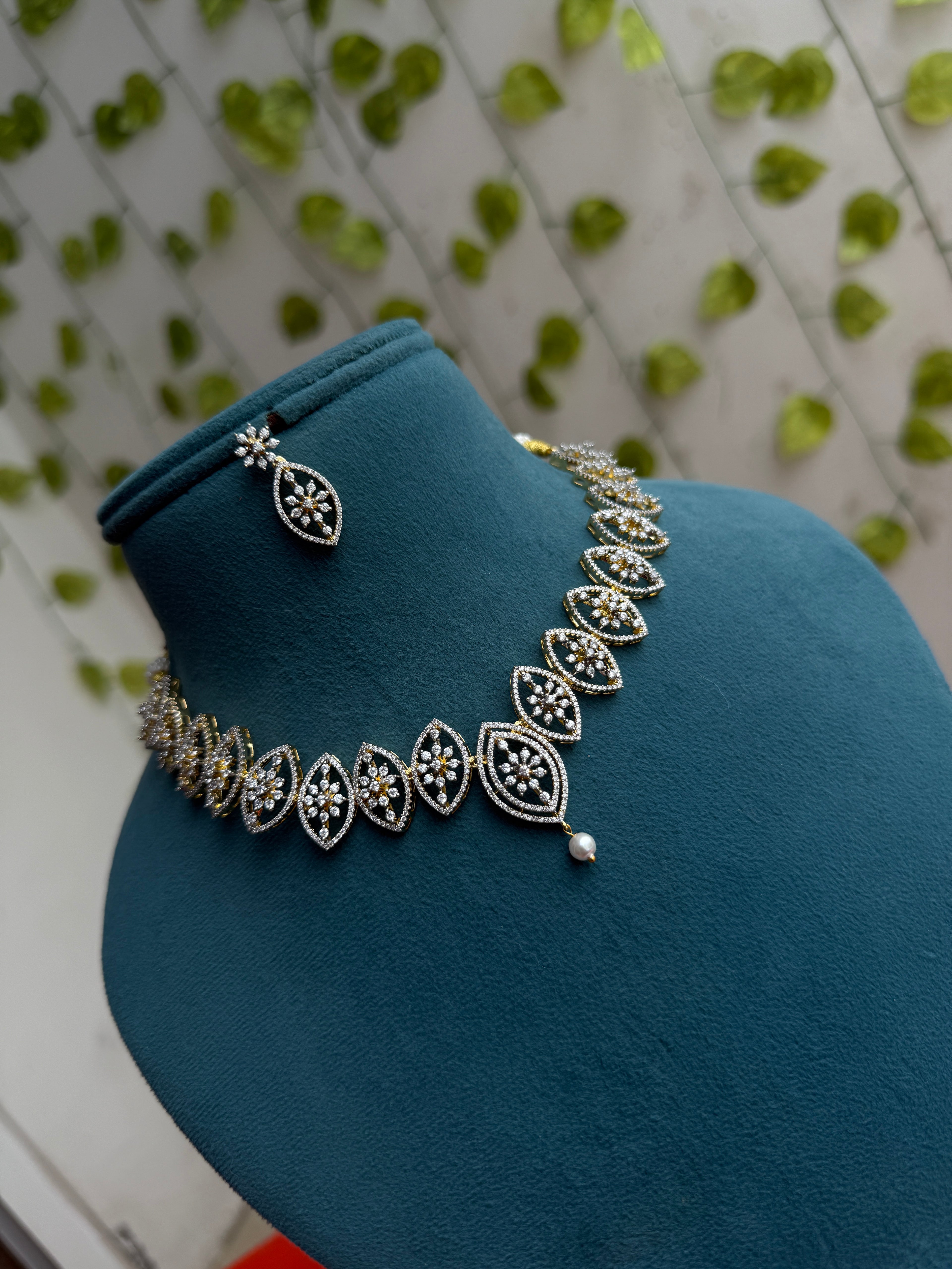 Floral Pearl Drop diamond finish Neckset with earrings ns303