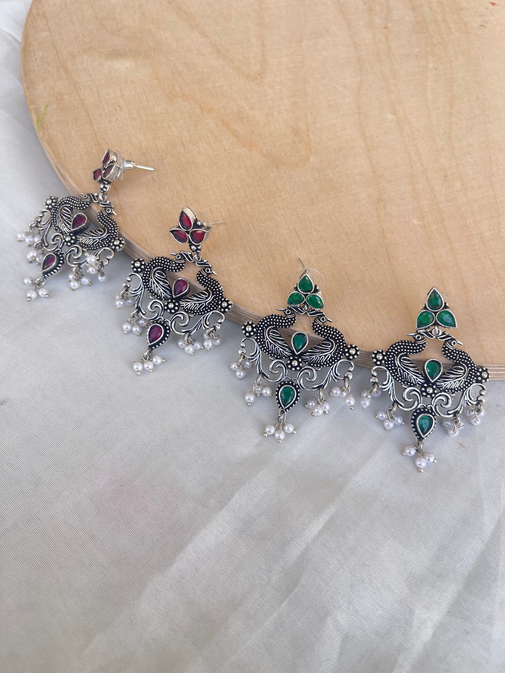 Lightweight chandbali oxidised earrings in ruby and green