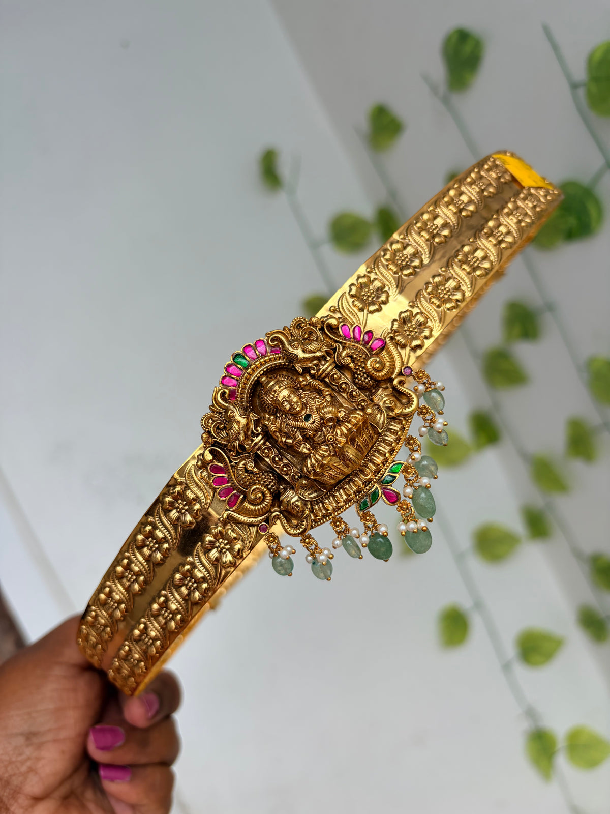 Jadau Kundan Lakshmidevi peacock with green beads adults hipbelts hb802