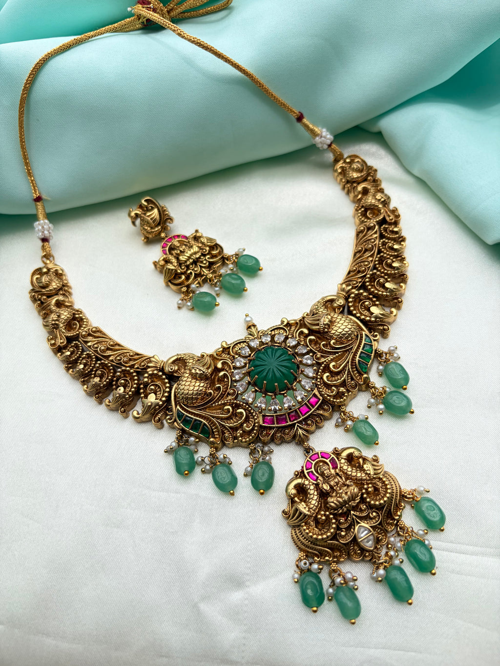 Emerald Lakshmidevi peacock jadau Kundan short neckset with earrings ns955