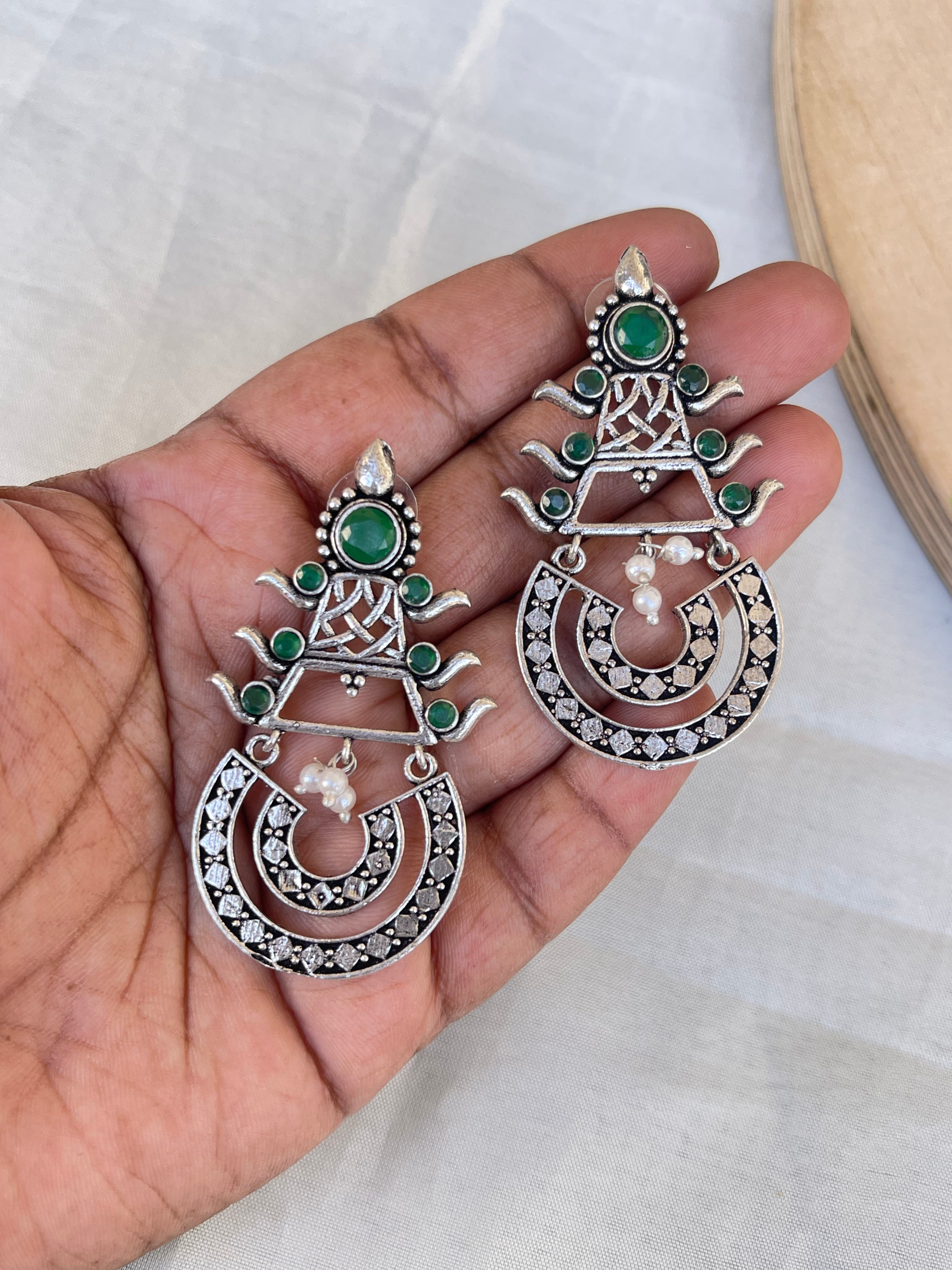Green lightweight chandbali oxidised earrings