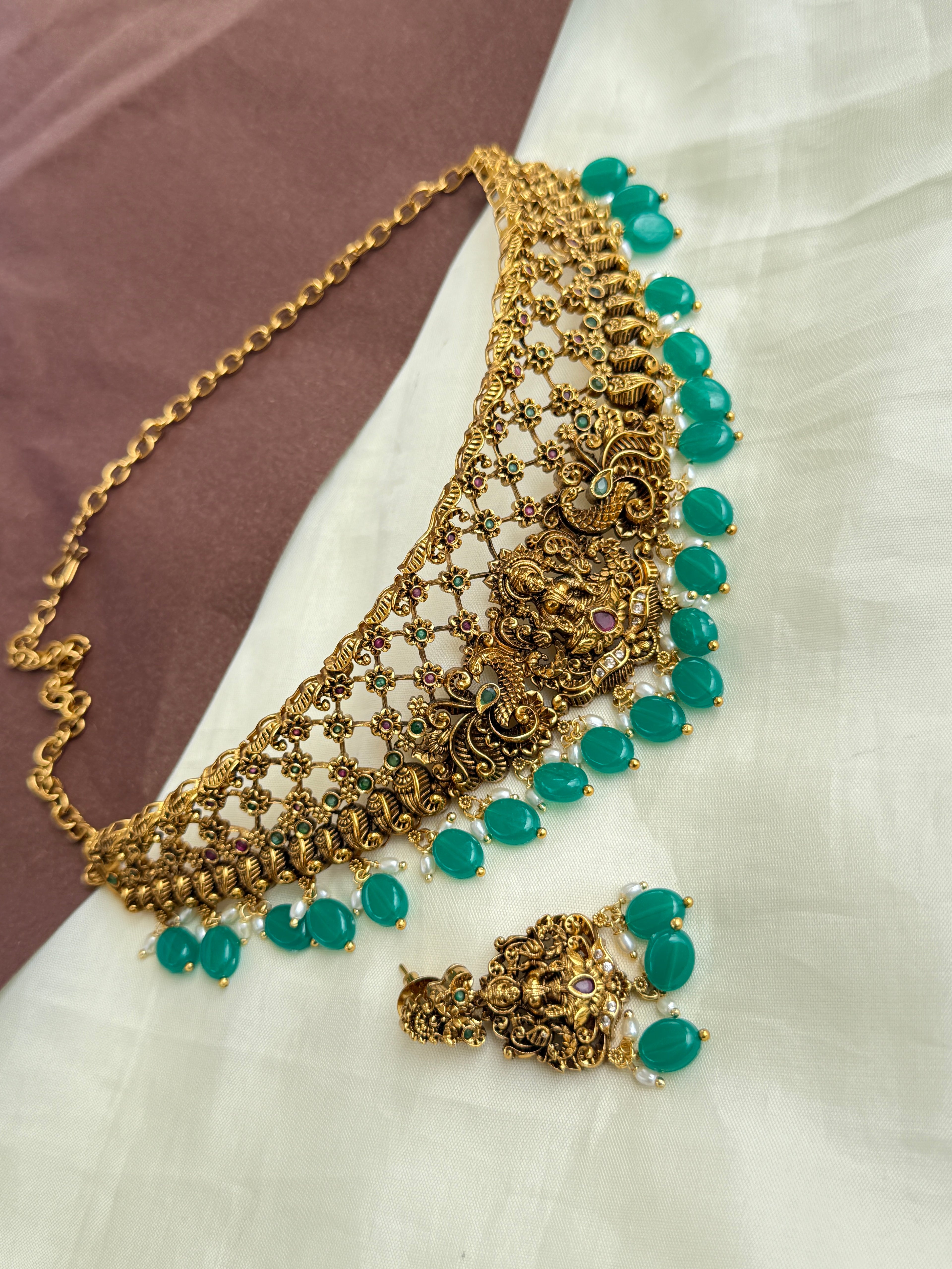 Ch013 Lakshmi Devi choker with green beads