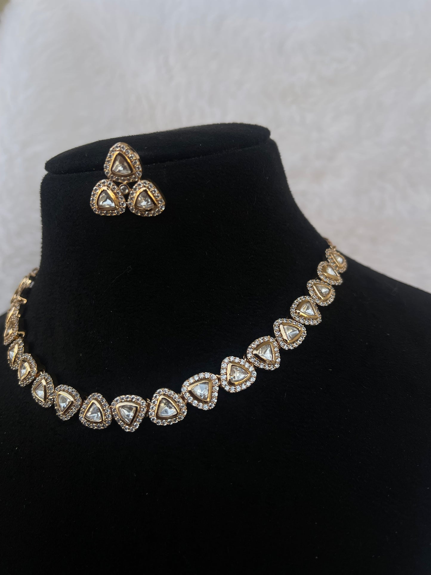 Triangle Moissanite kundan premium neckset with earrings