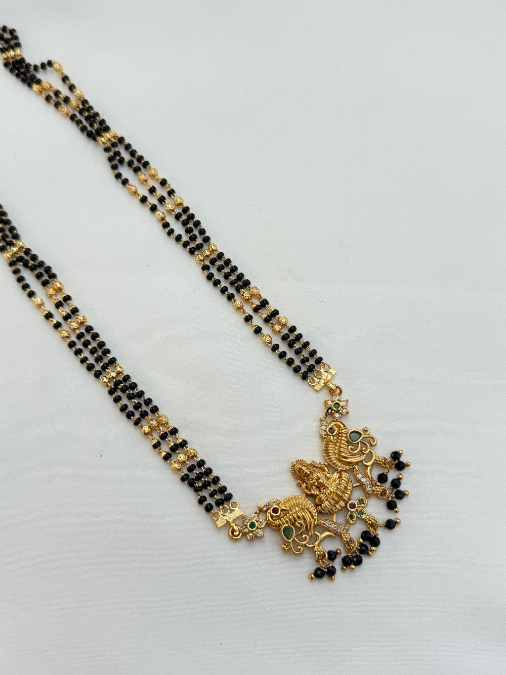 Bb028 2 lines peacock and Lakshmi devi long blackbeads chain
