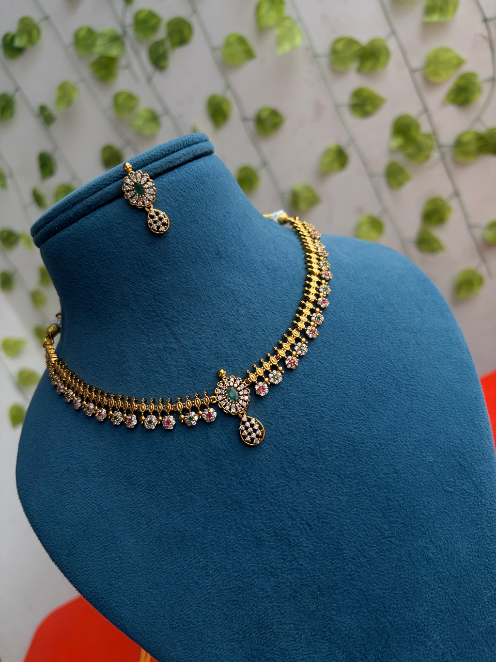 Ns923 multi flowers stones drop pendant short neckset with earrings