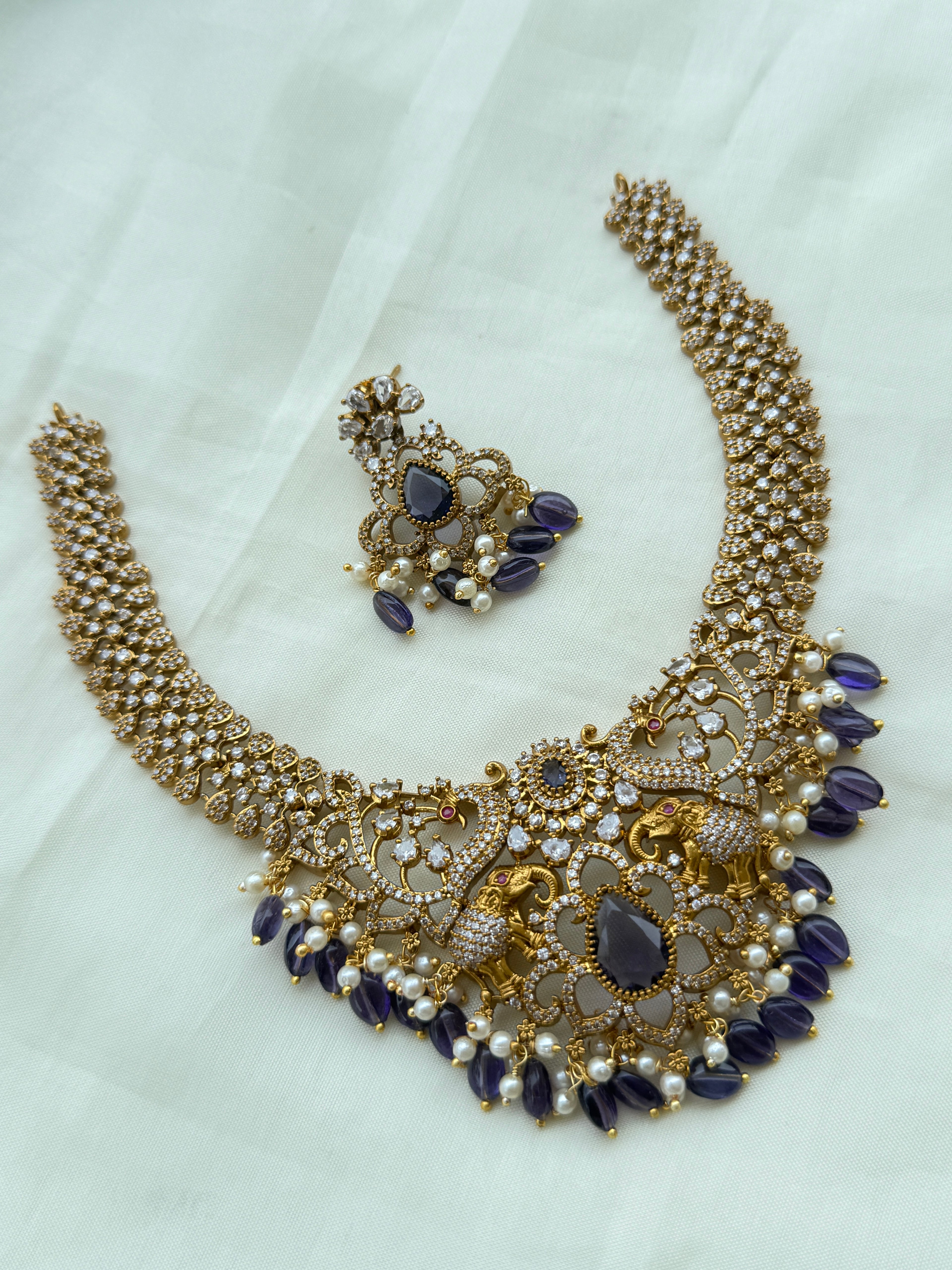 Ns255 peacock elephant short neckset with purple beads