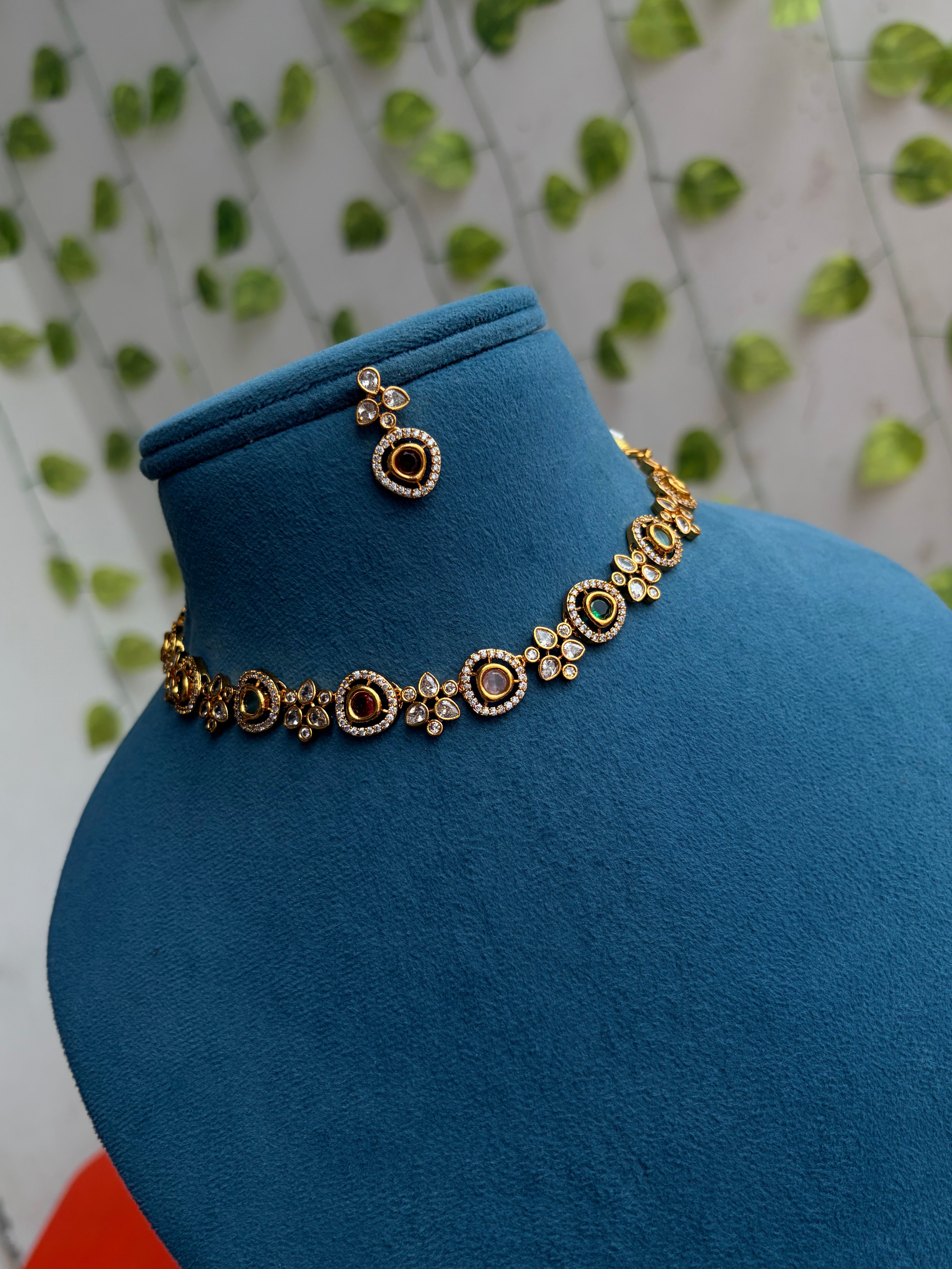 Ns890 multi stones flowers short neckset with earrings