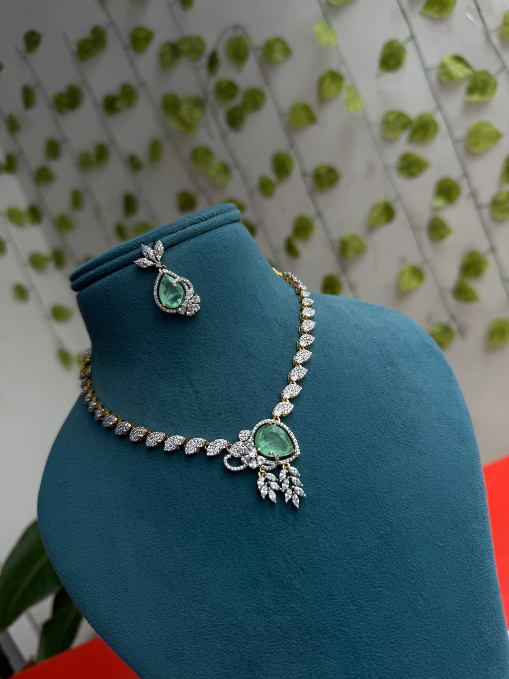 Mint Green Pear diamond  finish Neckset with earrings ns258