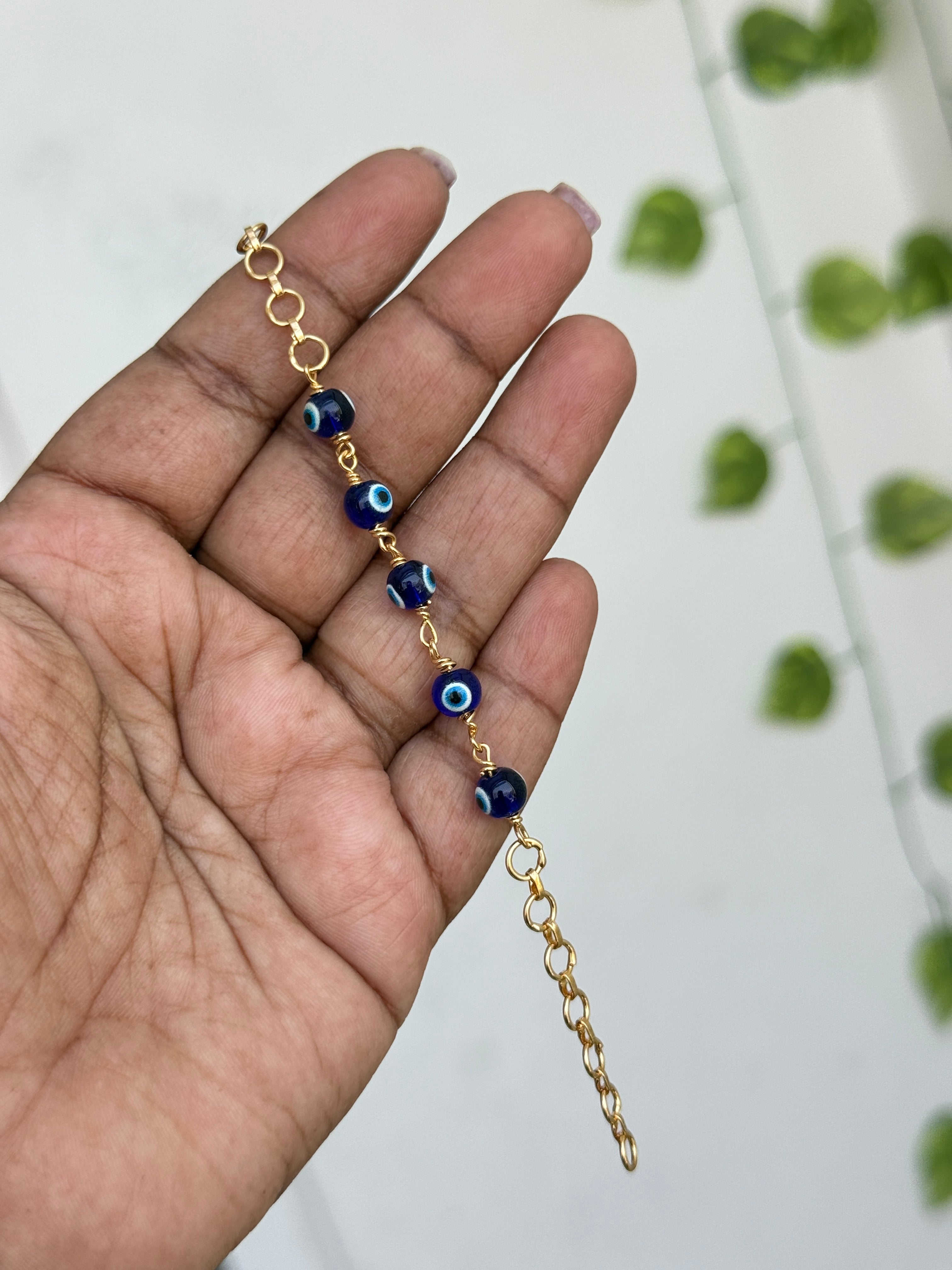 Ph147 panchaloham polished 5 evileye 7.5inches adjustable chains bracelet