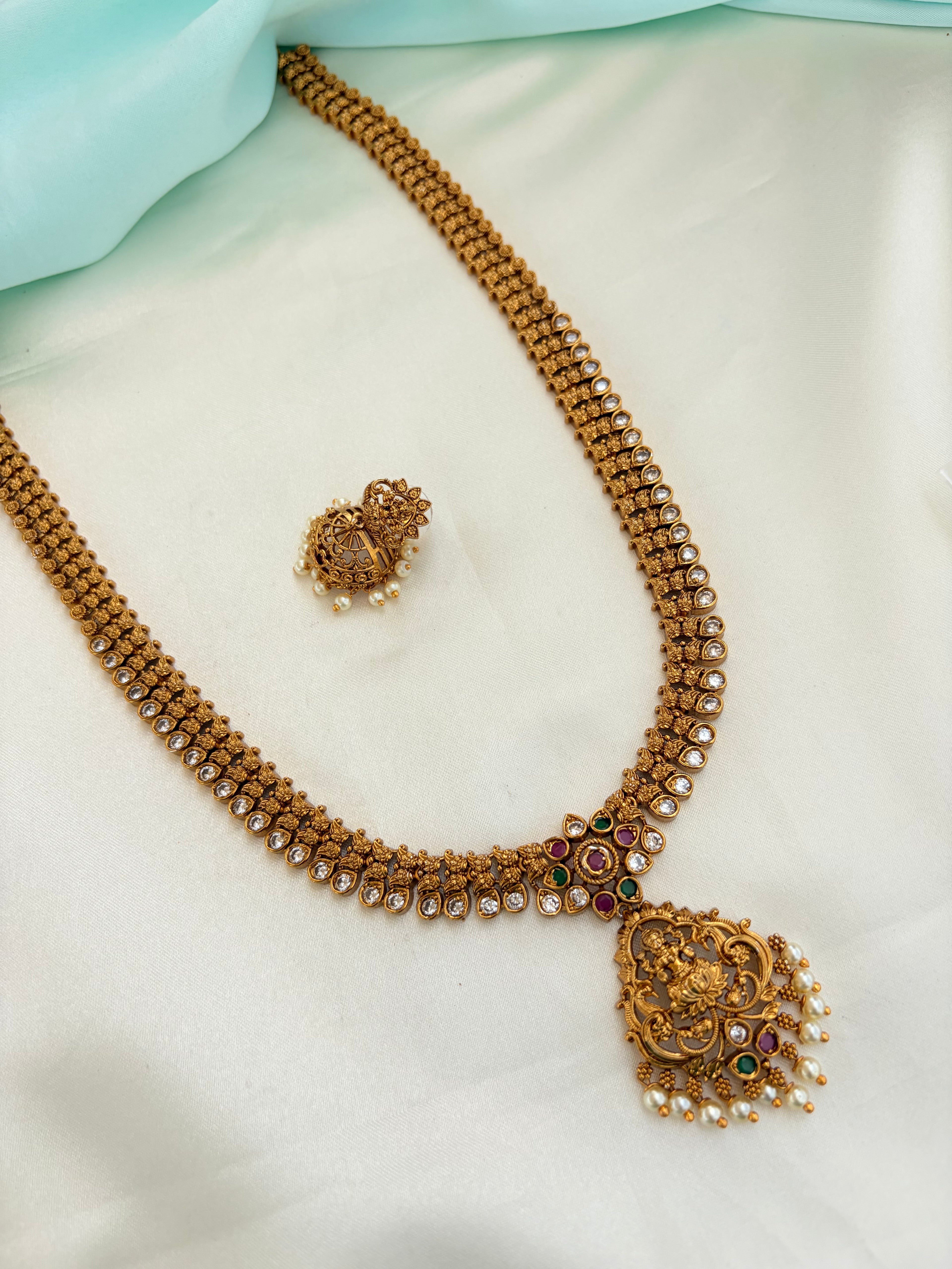Antique Gold Lakshmidevi Long Haram Neckset with Pearl Drops with Earrings Lh599