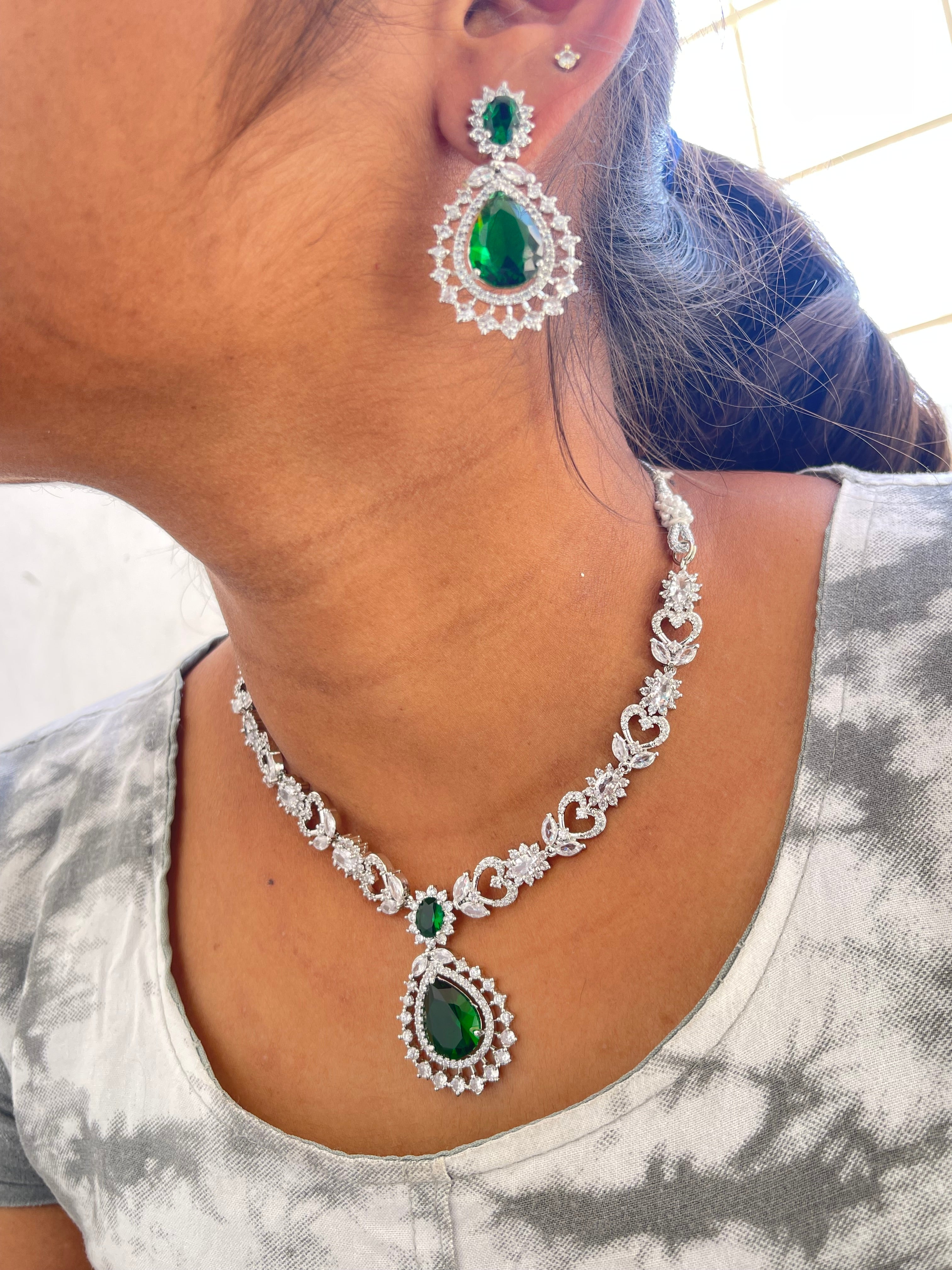 Green drop heart diamond finish neckset with earrings