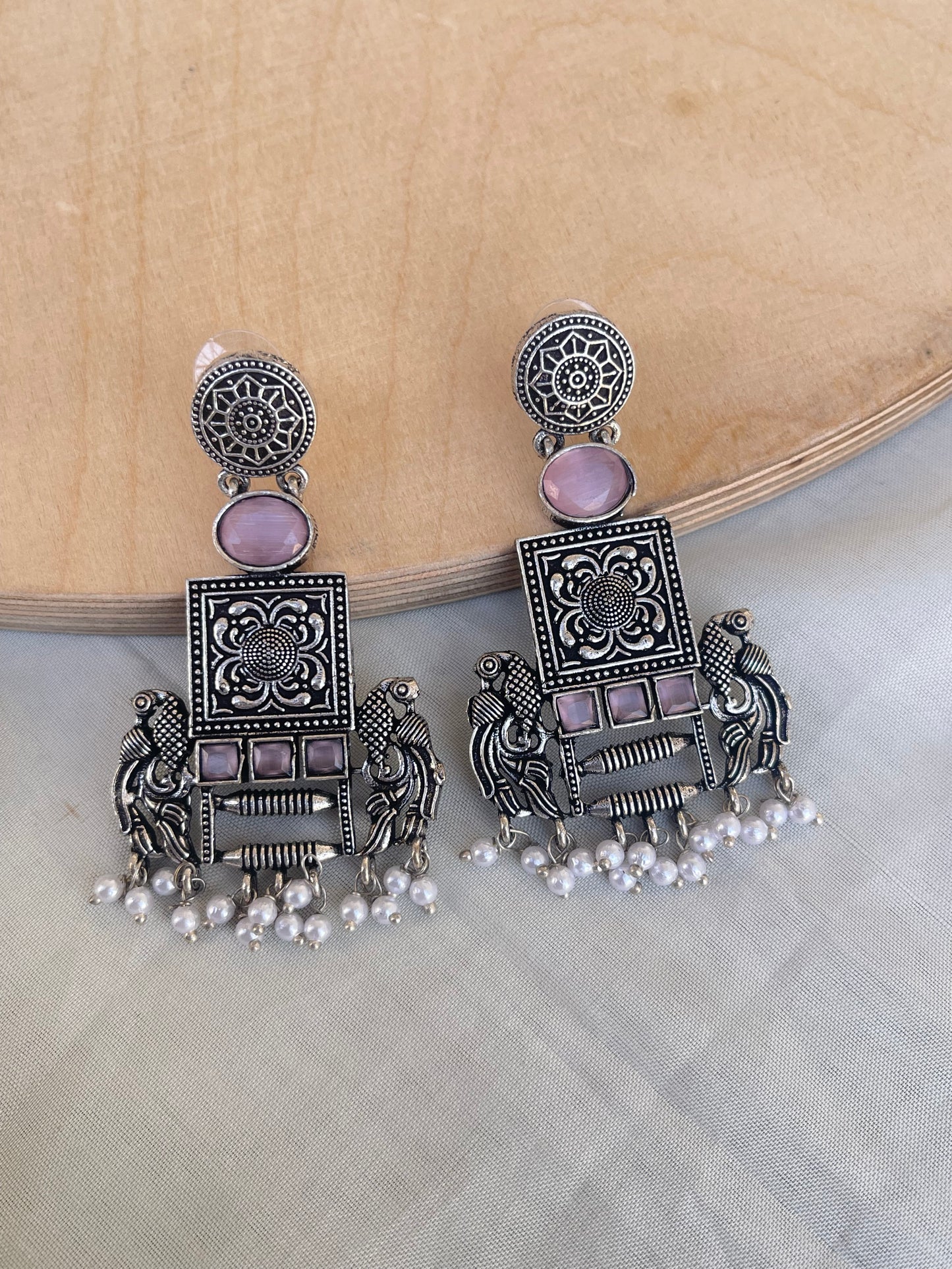 Dual peacock square oxidised earrings