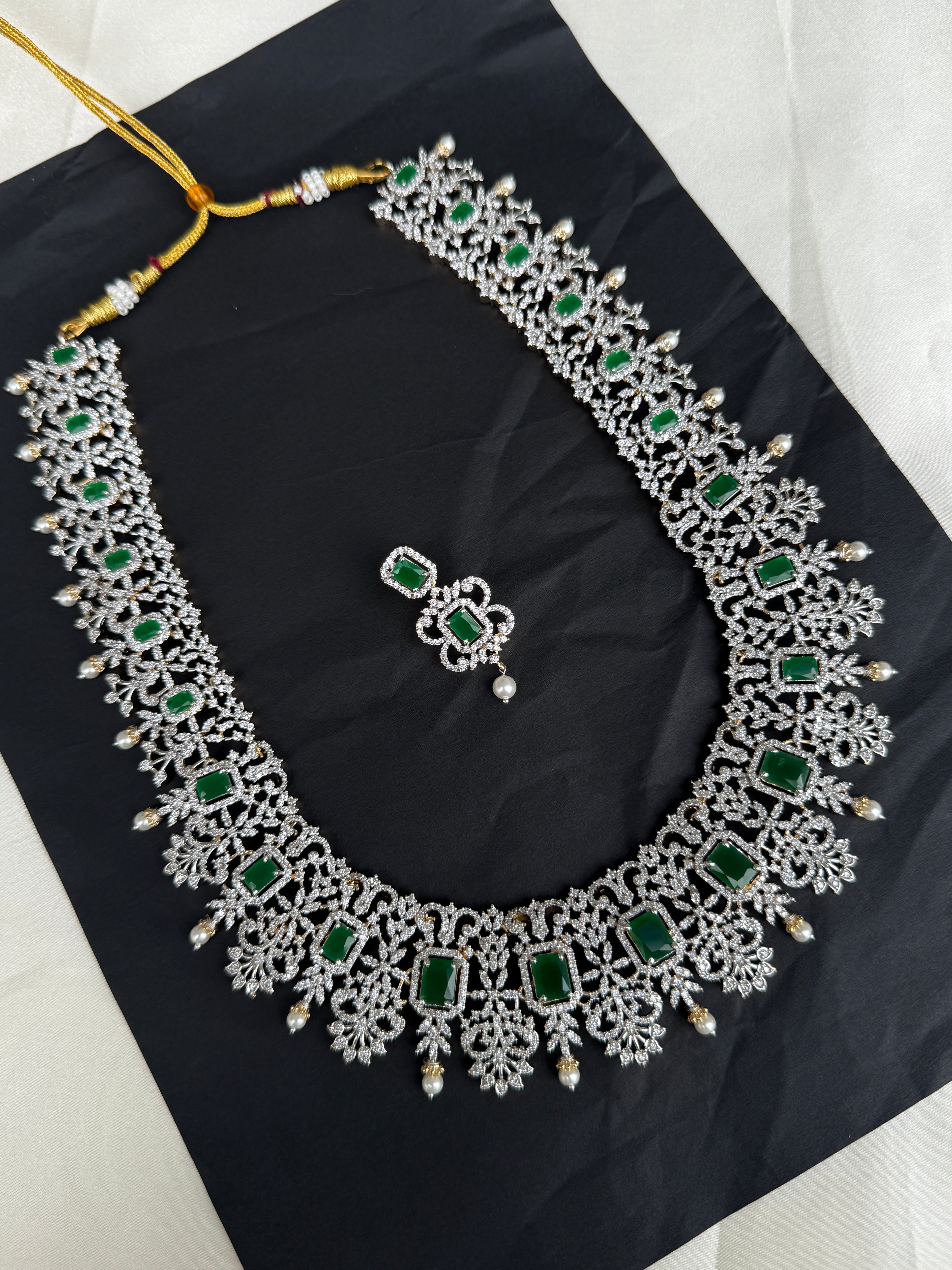LH2032 diamond finish emerald stone long haram Neckset with earrings