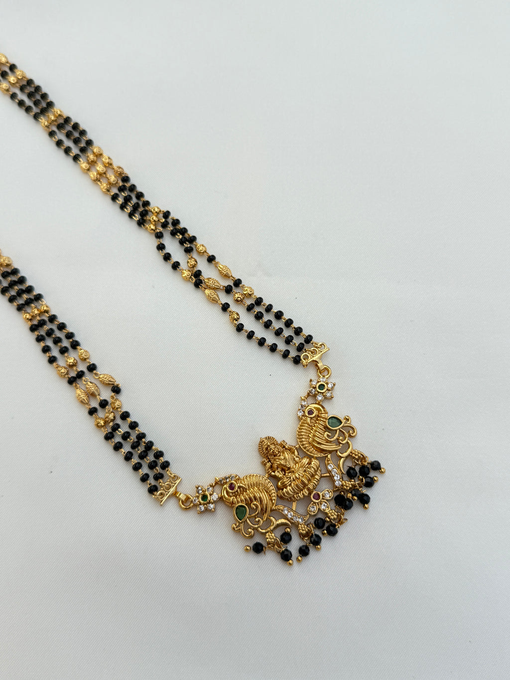 Bb028 2 lines peacock and Lakshmi devi long blackbeads chain