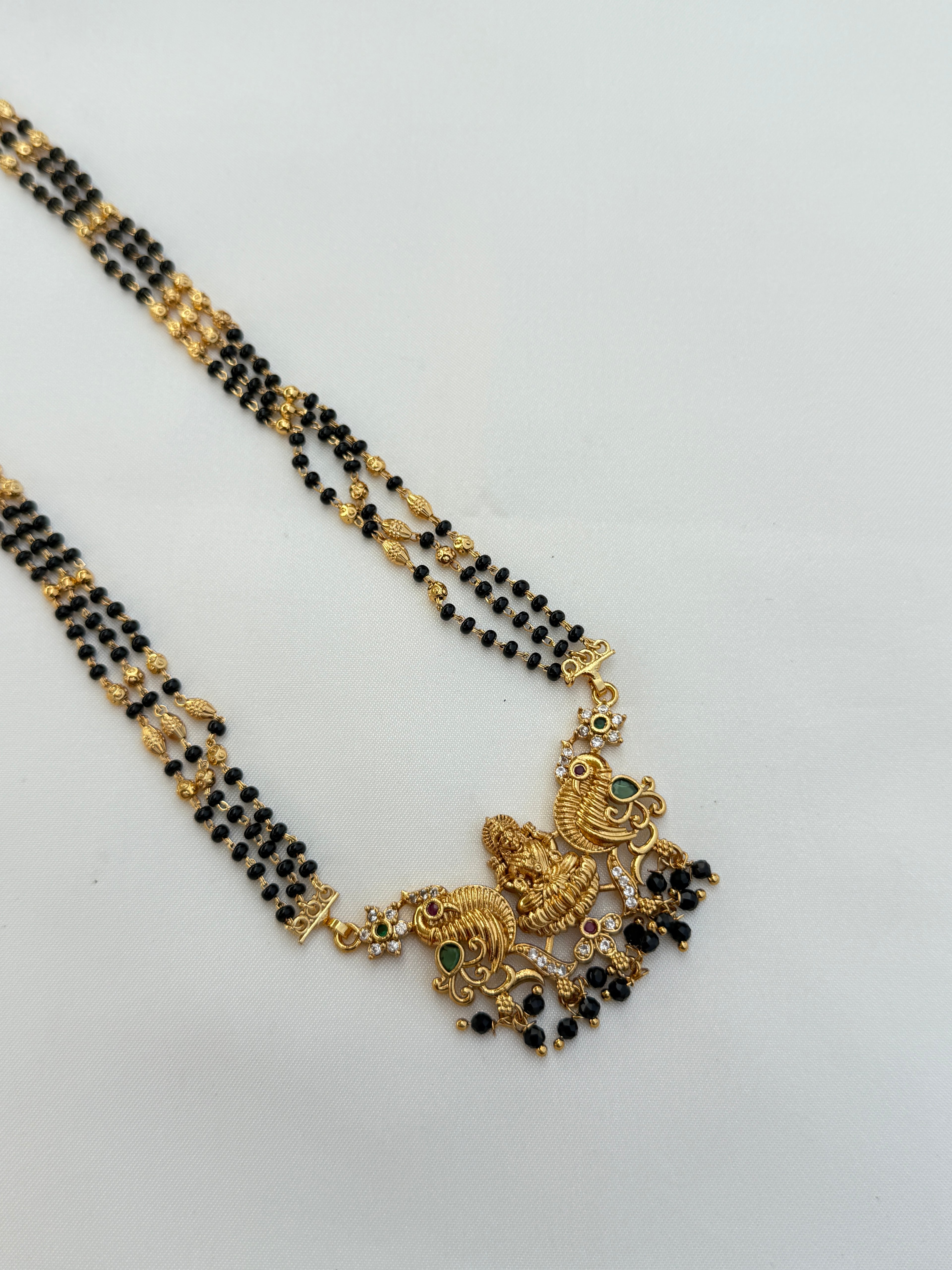 Bb028 2 lines peacock and Lakshmi devi long blackbeads chain