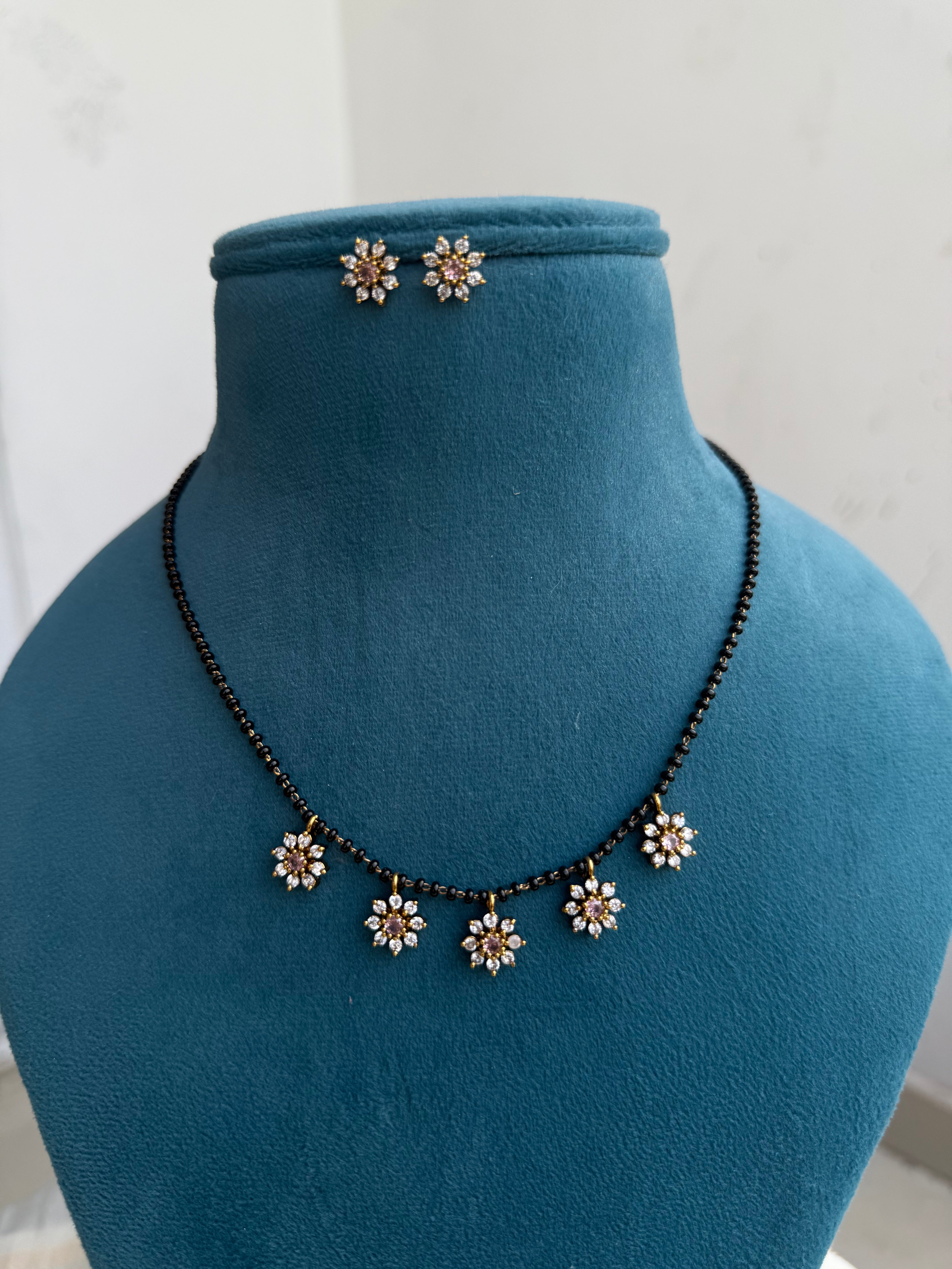 5 flowers 20inches  Blackbeads with studs bb0046